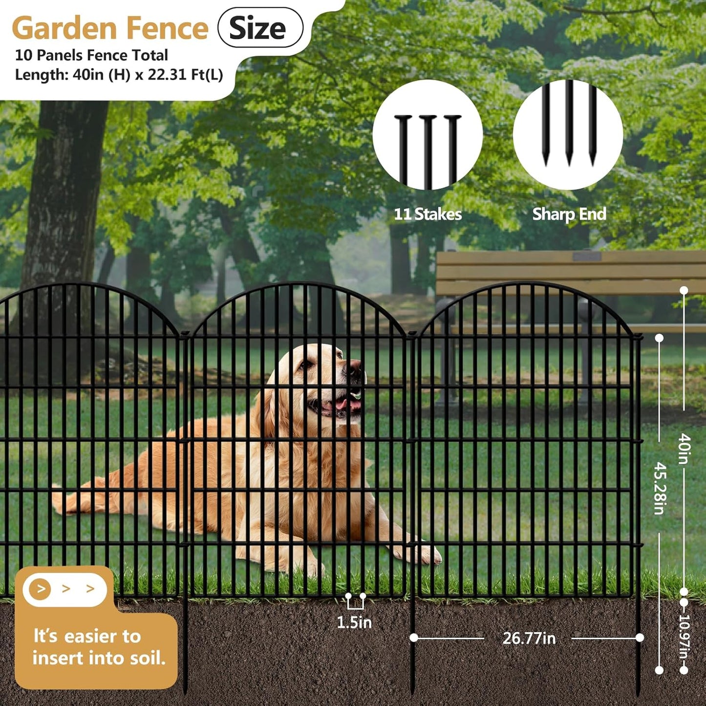 10 Panels Decorative Garden Fence, 40in (H) X 21.92ft (L) No Dig Dog Fences Outdoor for Yard, Rustproof Tall Metal Fencing Panels, Animal Barrier Suitable for Yards Border, Patio, and Outdoor Use