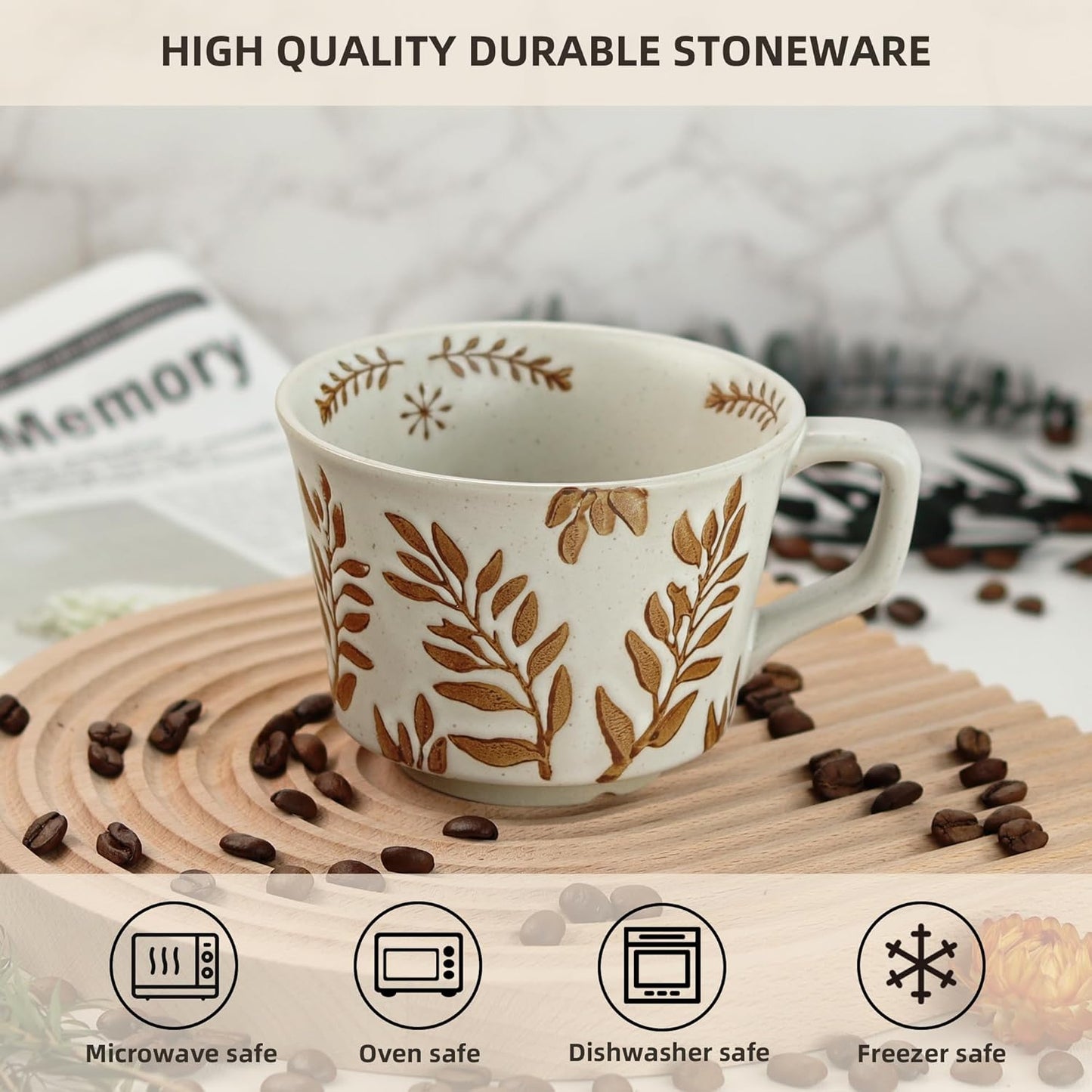 Ceramic Coffee Mug, 12 oz Novelty Unique Teacup with Large Handle, Stoneware Cup for Tea Mocha Latte Cappuccino Espresso (Set of 2, Butterfly and Ivy)