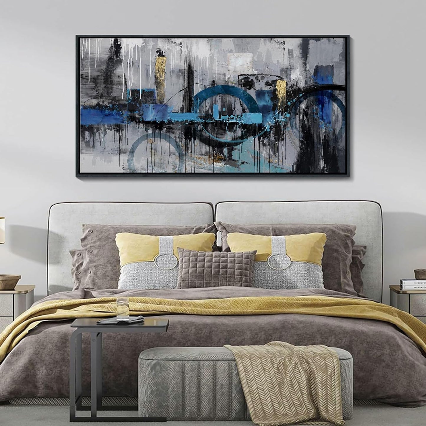 KLAKLA Large Abstract Wall Art Canvas - Blue and Gray Lnk Style Gold City Scenes Wall Decor Living Room Bedroom Decoration Black Frame Picture Artwork for Wall Modern Landscape Wall Decor