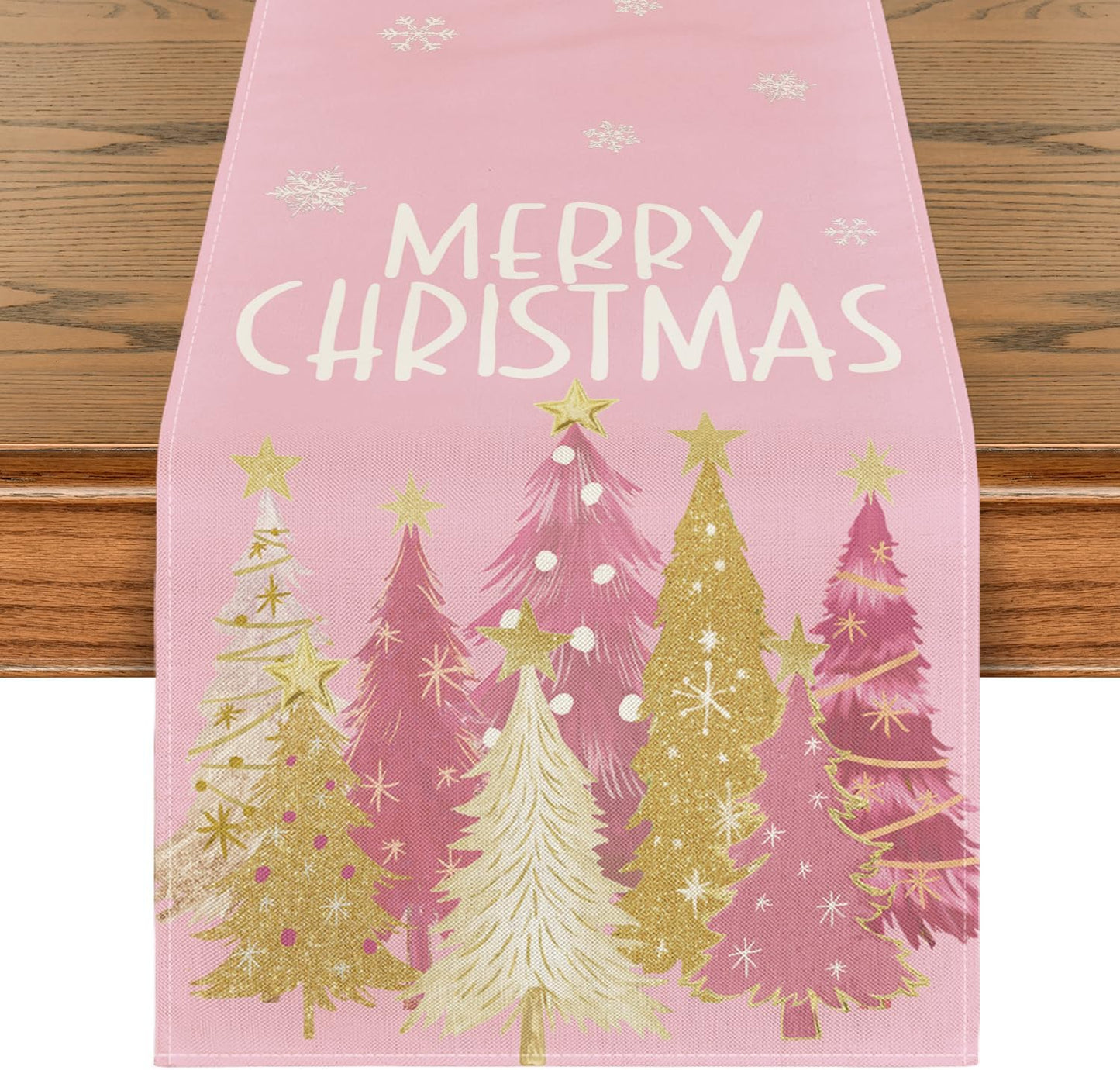 Artoid Mode Xmas Trees Snowflakes Pink Merry Christmas Table Runner, Winter Seasonal Kitchen Dining Table Decoration for Home Party Decor 13x36 Inch