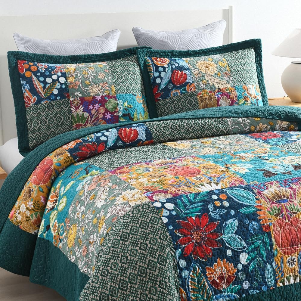 Autumn Dream Cotton Bedspread Quilt Sets Reversible Bedding Coverlet Sets Comforter, Vintage Floral Patchwork Turquoise Bedspread, King Size