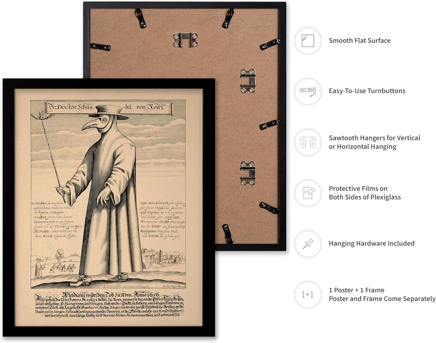 Poster Master Vintage Medieval Poster - Retro Illustration Print - Gift for Friend - Plague Doctor, Pandemic Mask, Physician, Black Death - Wall Decor for Home, Living Room, 8x10 Black Framed