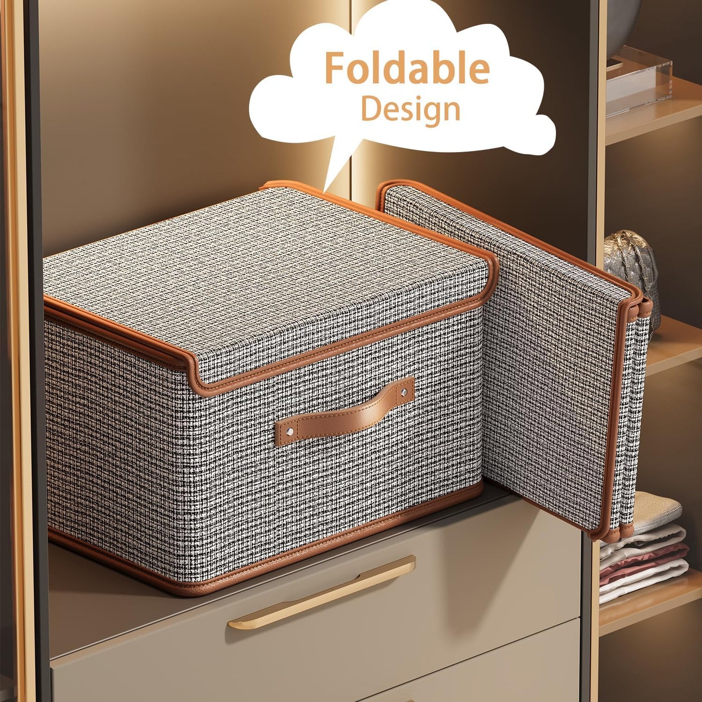 Tuza 2 Pack Storage Bins with Lids, Collapsible Closet Organizer Container, Fabric Organizer Box with Handles, Decorative Storage Boxes with Lids for Organizing Clothes, Books, Light Grey, Large