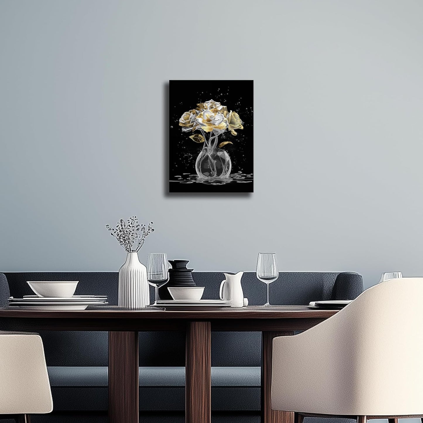 Belmrxne Flower Prints Wall Art White and Gold Canvas Painting Modern Minimalist Decor for Living Room Bedroom Dining Room Office Home Decor 12x16 inch