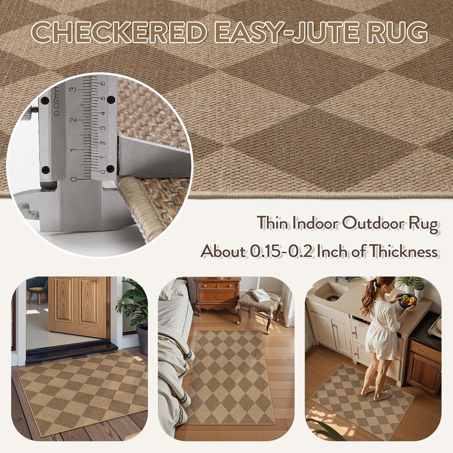 Lahome Checkered Easy Jute Rug, 2x3 Entryway Rug Indoor Outdoor Front Door Mat, Farmhouse Neutral Non Slip Non Shedding Washable Kitchen Mats for Floor Foyer