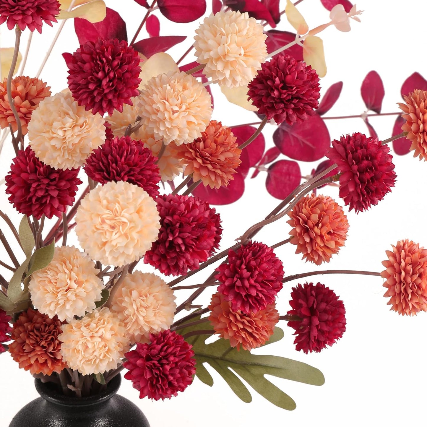 Faux Kiku Flowers Fall 10 Stems & 2 Eucalyptus, Fake Mums Pompon Flower Ball, Autumn Burnt Orange Artificial Chrysanthemums Flowers for Boho Decor, Mini Faux Kiku Flower Wedding Arrangements Decor