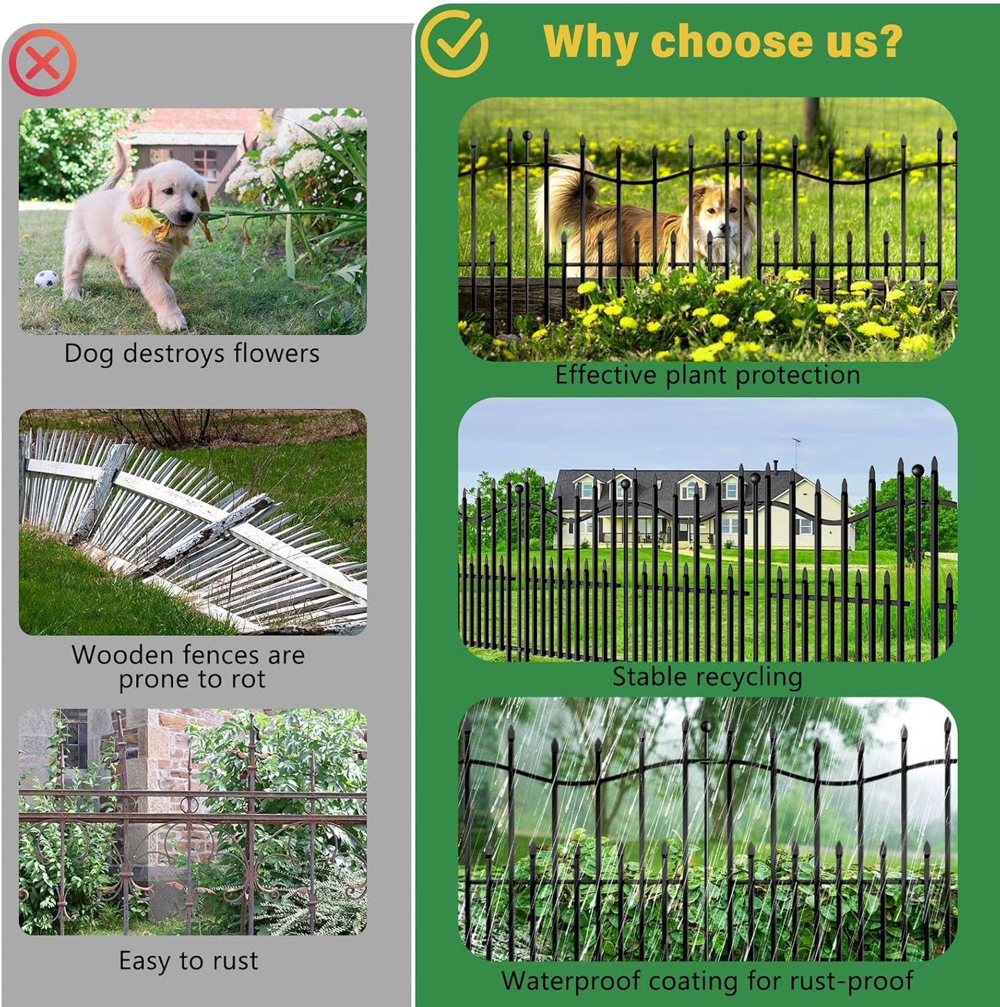5 Panels No Dig Decorative Garden Fence with Gate, 32in(H) × 11ft(L) Heavy-Duty Rustproof Metal Panels, Outdoor Dog Barrier for Yard & Patio, Landscape, Border| Portable Temporary Fencing