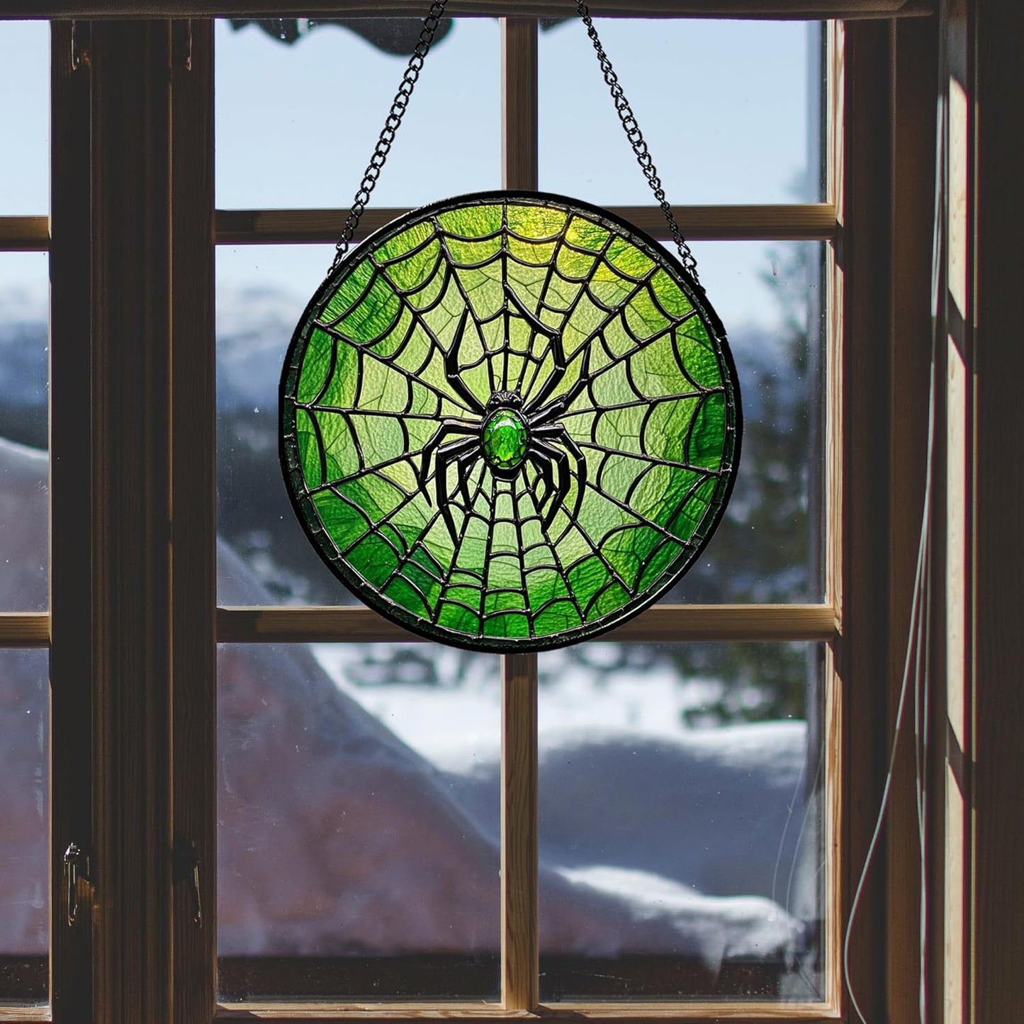 Stained Glass Window Hanging - Black Green Horror Spider Web Suncatcher for Doors Garden Patio Sun Catchers Decor Christmas Halloween Birthday Gifts for Women Men Mom Nana Friend 15 in