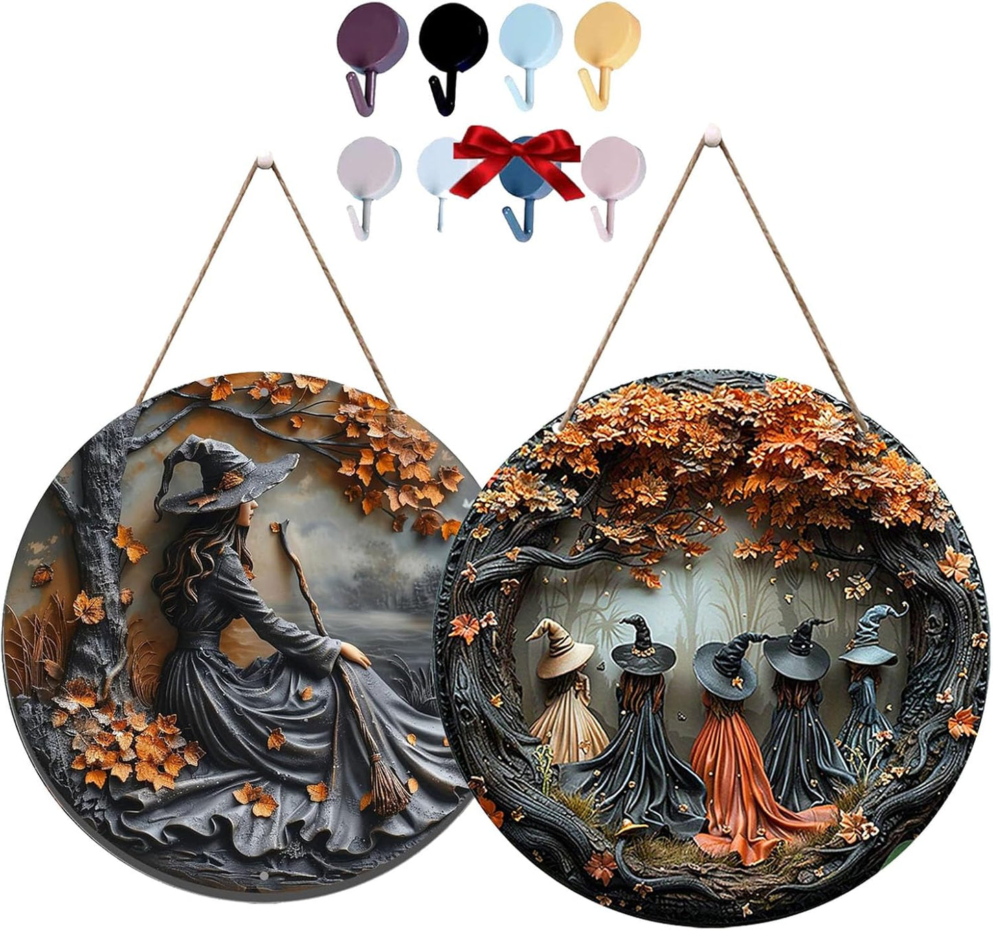 Fanyil/Olygee/Sherum/Shirem/Pubyfun/Glosrity/Libilin/Graddi/Solymody/Gowebs/Goredny/Vianys Witching Hour, Door Way Hanging Decor Halloween, 2D Wooden Round Witches Sign (A+C, ‎7.87")