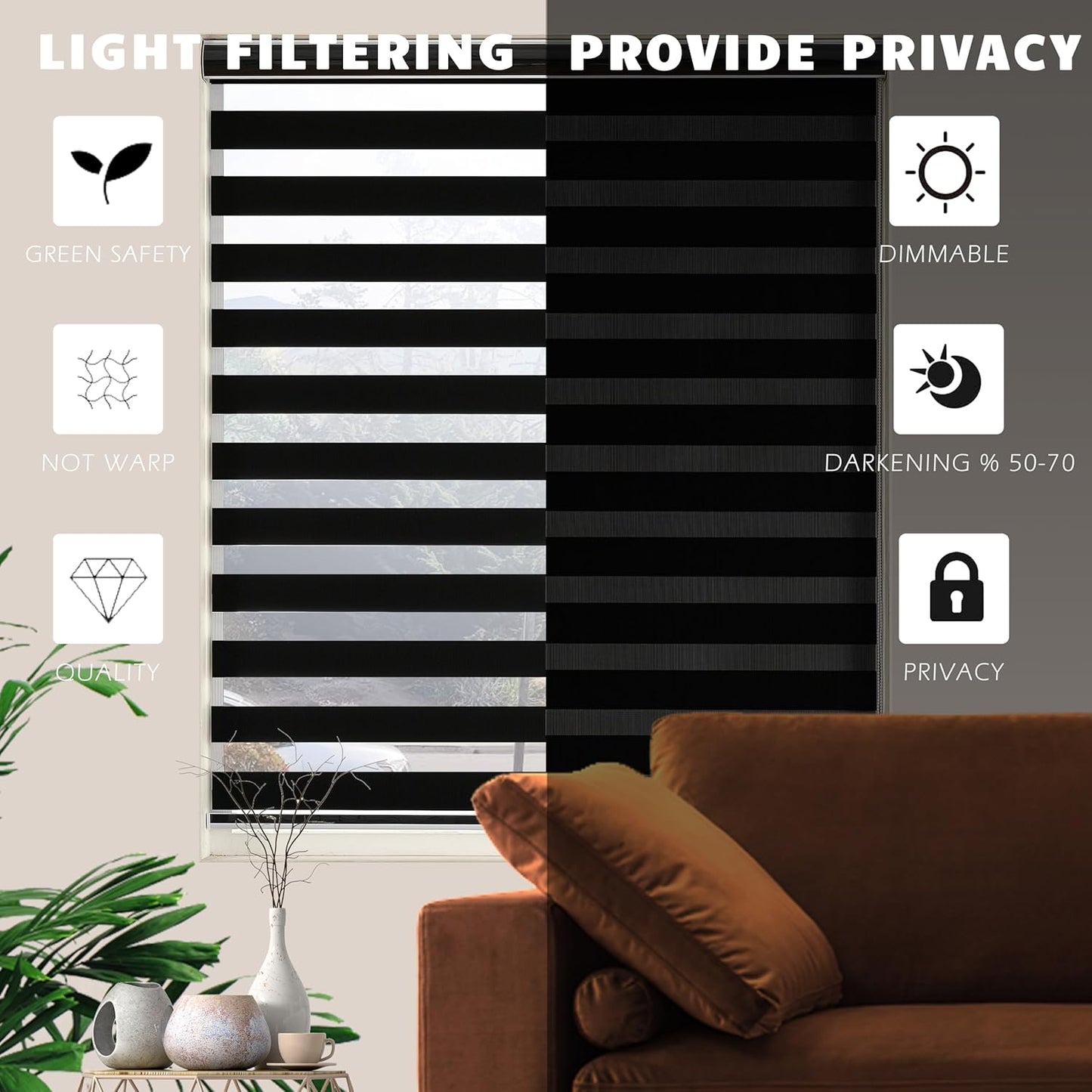 Blackout Zebra Blinds, Dual Layer Free-Stop, Room Darkening Zebra Shades, Blinds for Indoor Windows, Light Filtering Privacy Sheer Shade for Home(53" W X 72" H, Black)
