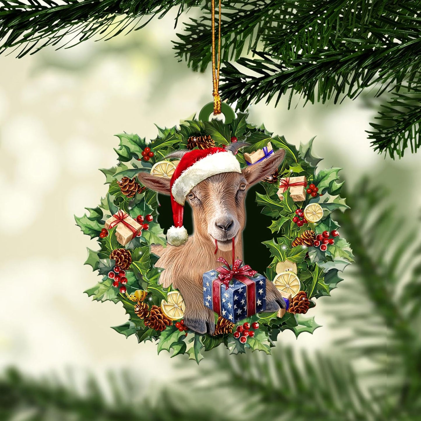 Talataca Goat Wearing A Christmas Hat Wreath Farm Lover 2D Flat Car Rear View Mirror Accessories Christmas Tree Ornament Decoration Hanging Charm Interior Rearview Pendant Decor Gift