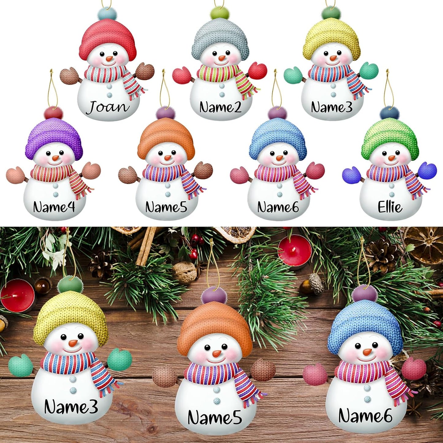 Personalized Christmas Ornaments with Names Snowman 8 Pcs Custom Family Ornament Customized Xmas Tree Hanging Wood Decoration Gift 3.15"（8cm）