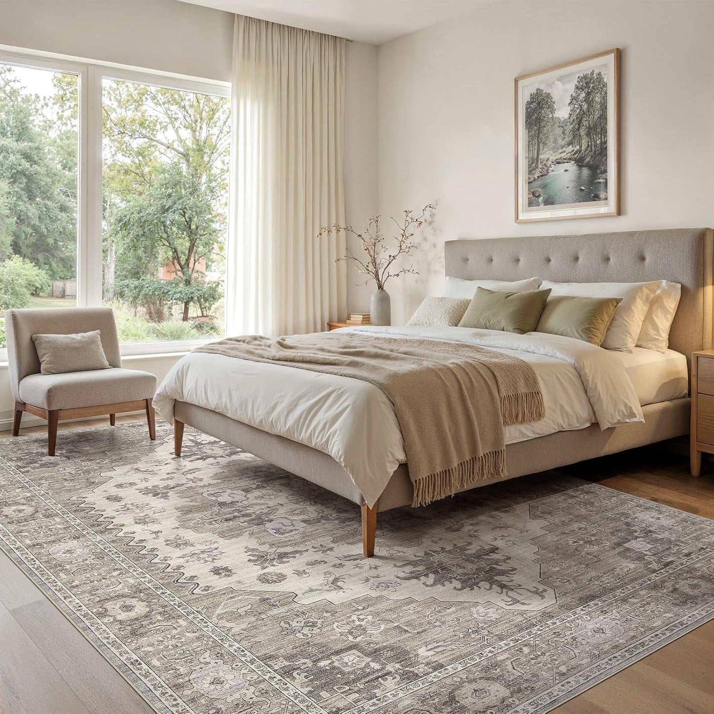 Washable Area Rugs for Living Room -6x9 Neutral Vintage Distressed Floral Farmhouse Boho Large Soft Floor Rug Indoor Non Slip Carpet for Living Room Bedroom Dining Room Office-Brown/Beige