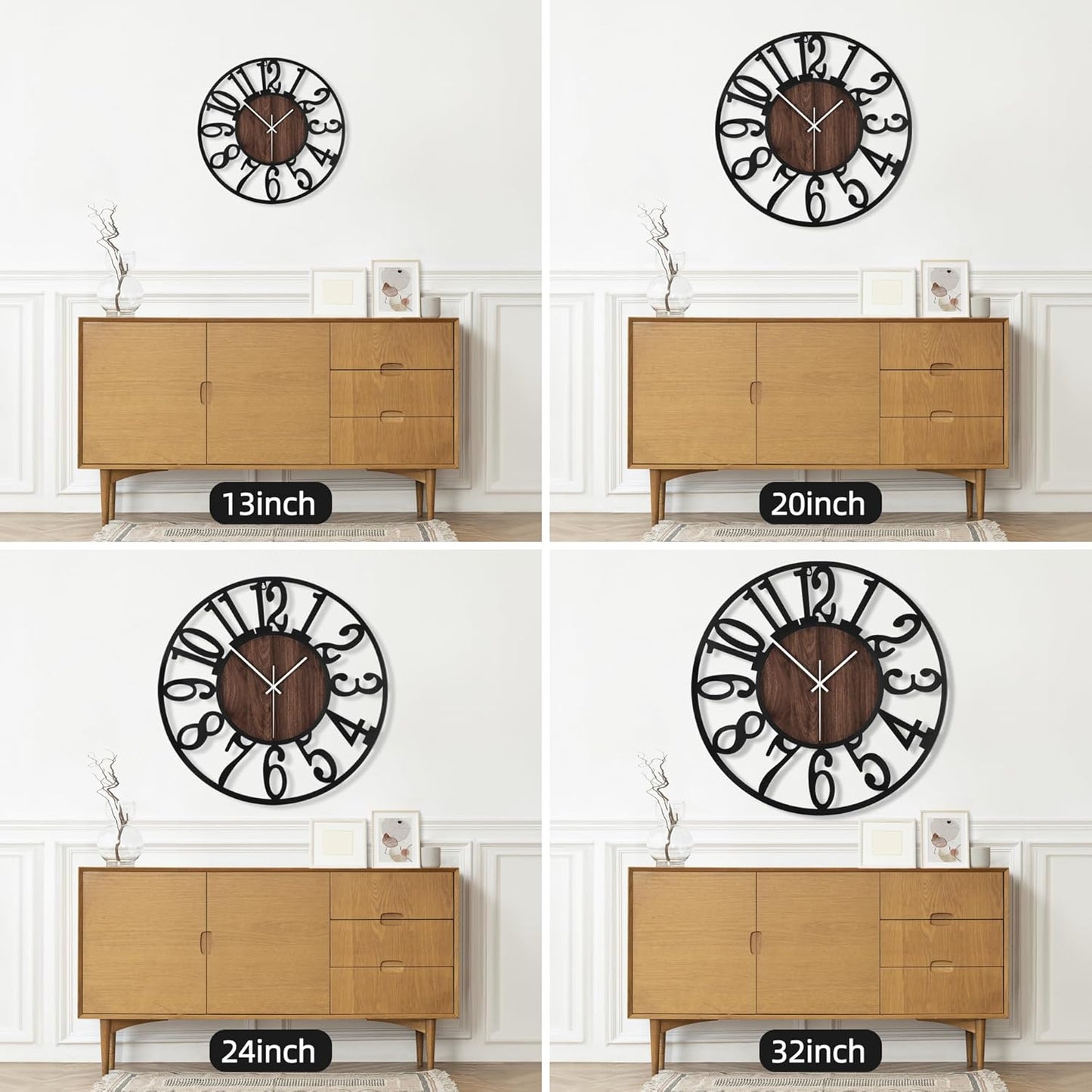 Maxstar Large Round Wall Clock for Living Room Decor Battery Operated Non Ticking Black Metal Wood Clocks for Home Living Room Garden Farmhouse Office Kitchen Decoration -32 inch