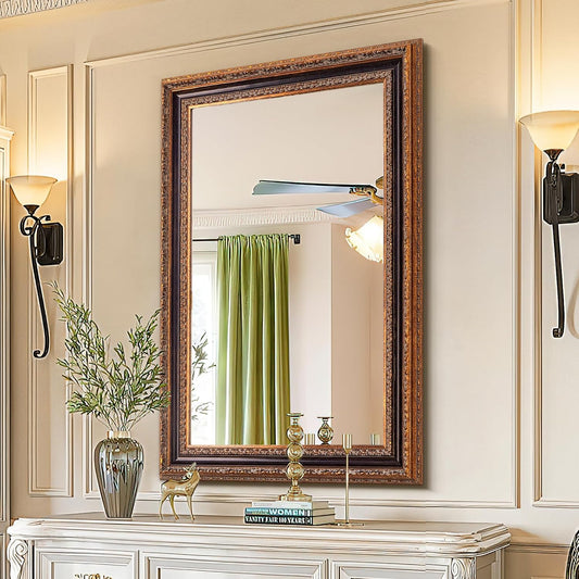 Antique Bronze Mirror 36.5" X 25", Bathroom Wall Mirror with Ornate Carvings Solid Wood Frame, Handmade Aging, for Vintage Living Room, Hallway and Bedroom