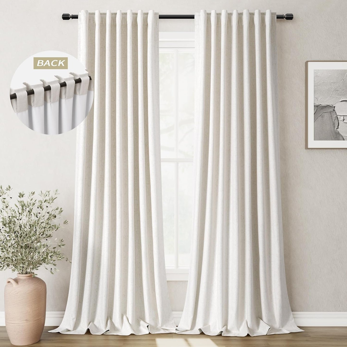 Room Darkening Curtains Cream Blackout Curtains 96 Inches Long 2 Panel Set Back Tab Neutral Natural Linen Black Out Curtain for Sliding Door Modern Farmhouse Bedroom Living Room Drapes Soundproof