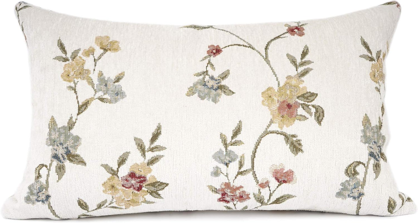 YOUR SMILE Classical Embroidery Jacquard Farmhouse Oblong Rectangle Chenille Beige Floral Pattern Decorative Throw Pillow Case,12x20 inch