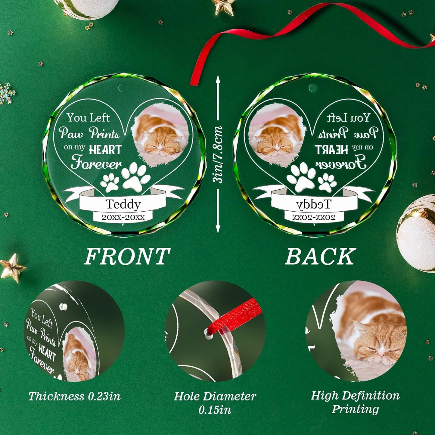 Personalized Memorial Pet Glass Ornament - Custom Picture Christmas Ornaments, Dog Forever in Our Hearts Hanging Ornament Xmas Tree Decor for Dog Lovers