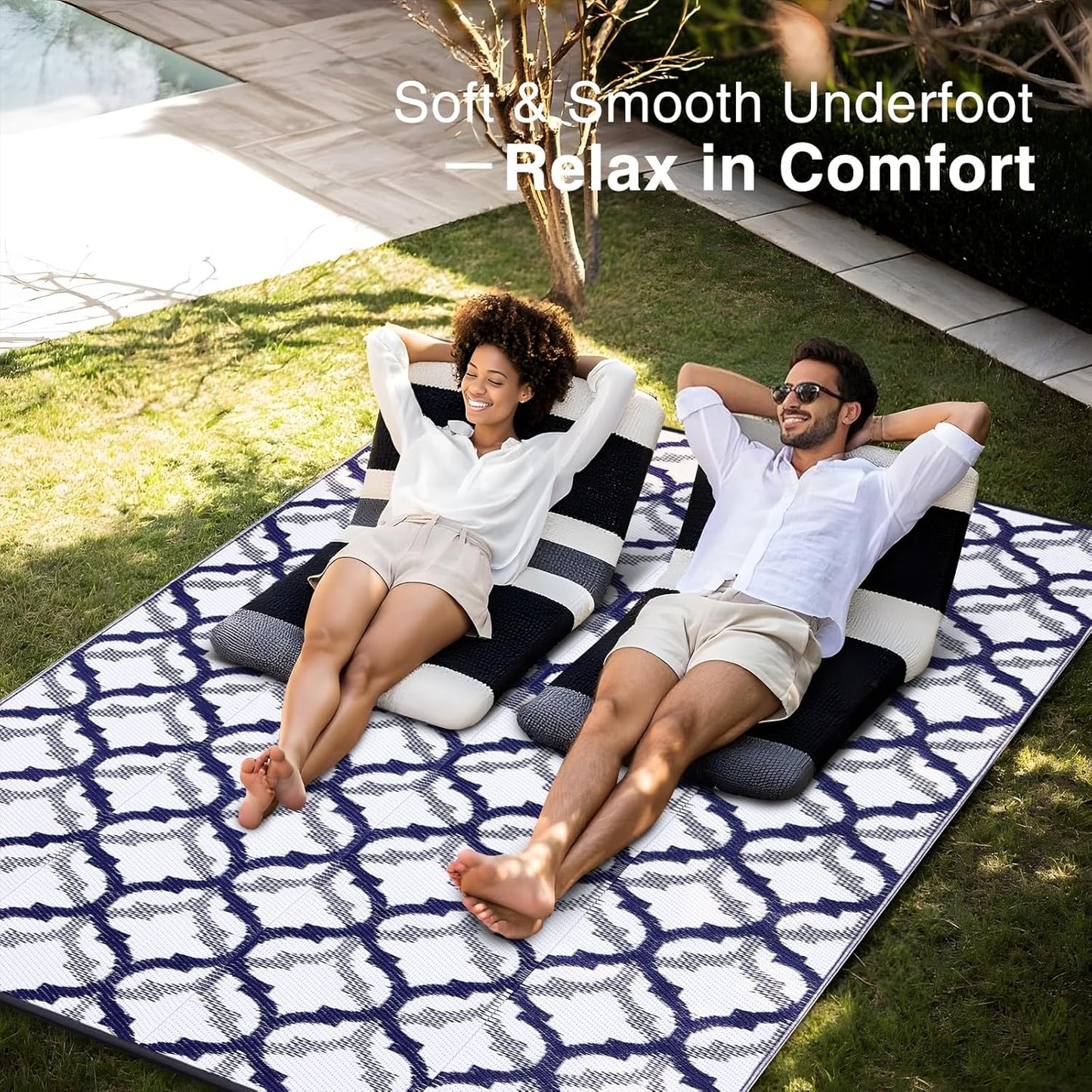 OLANLY Reversible Outdoor Rug 8x10 ft Clearance, Waterproof Outdoor Plastic Straw Rug with Interlacing Pattern, RV Mat for Patio, Camping, Balcony, Deck, Backyard, Navy & White