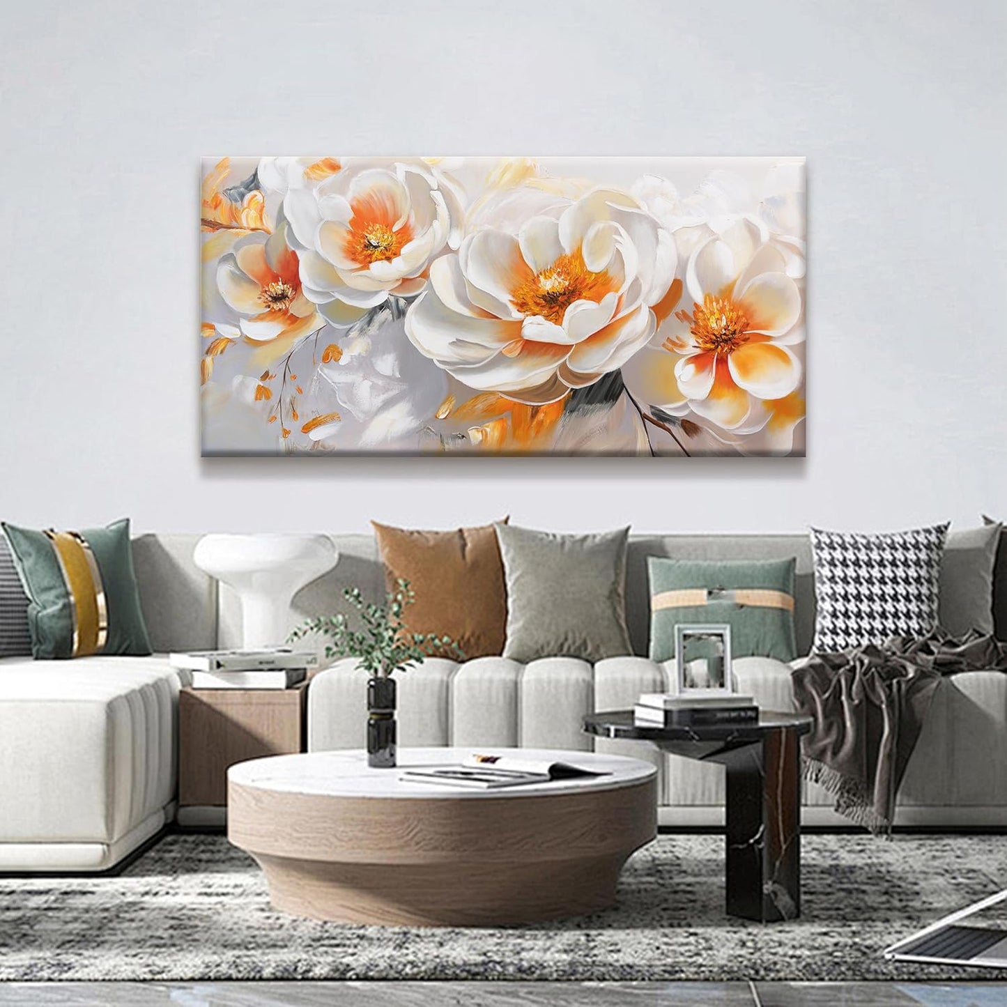 Suconvng Canvas Art Wall Decor Floral Wall Art For Living Room Modern Canvas Painting Prints Pictures Orange White Flower Wall Art Picture For Bedroom Hotel Home Wall Decor 24 X 48 Inch