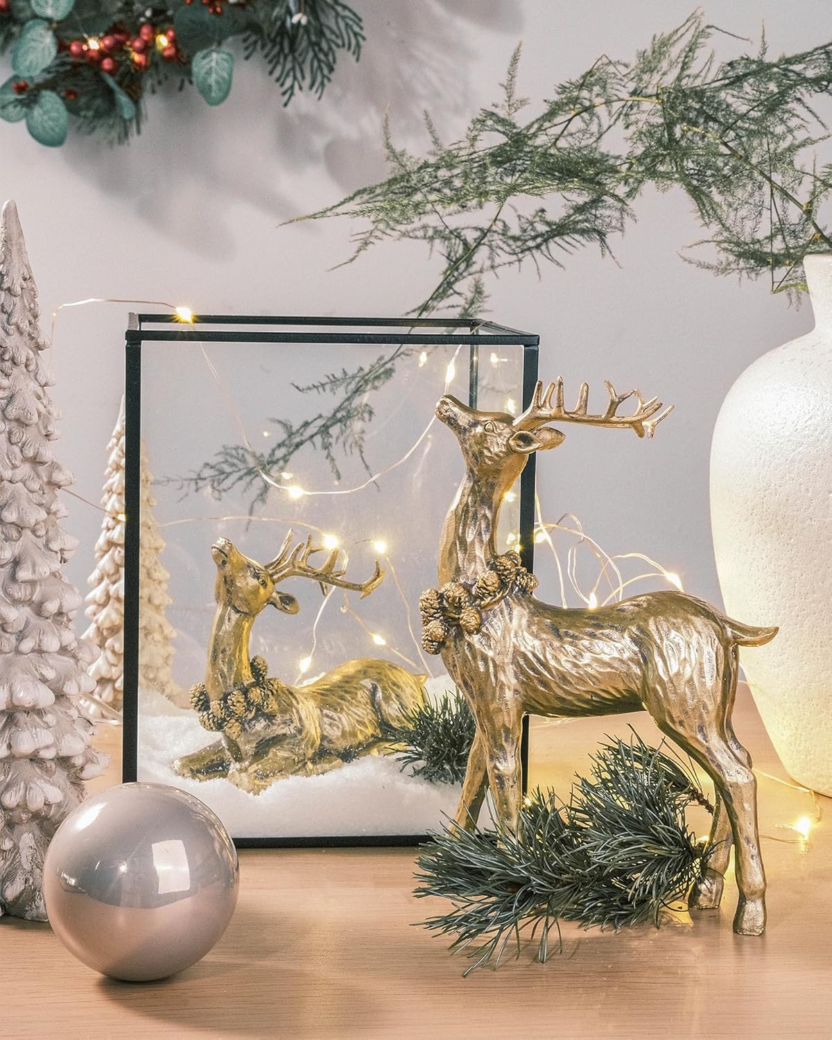 DN DECONATION 2pcs Gold Christmas Reindeer Statue, Christmas Clearance Small Resin Reindeer Figurine Indoor, Tabletop Reindeer Christmas Decor, Deer Figurine Decorations for Home