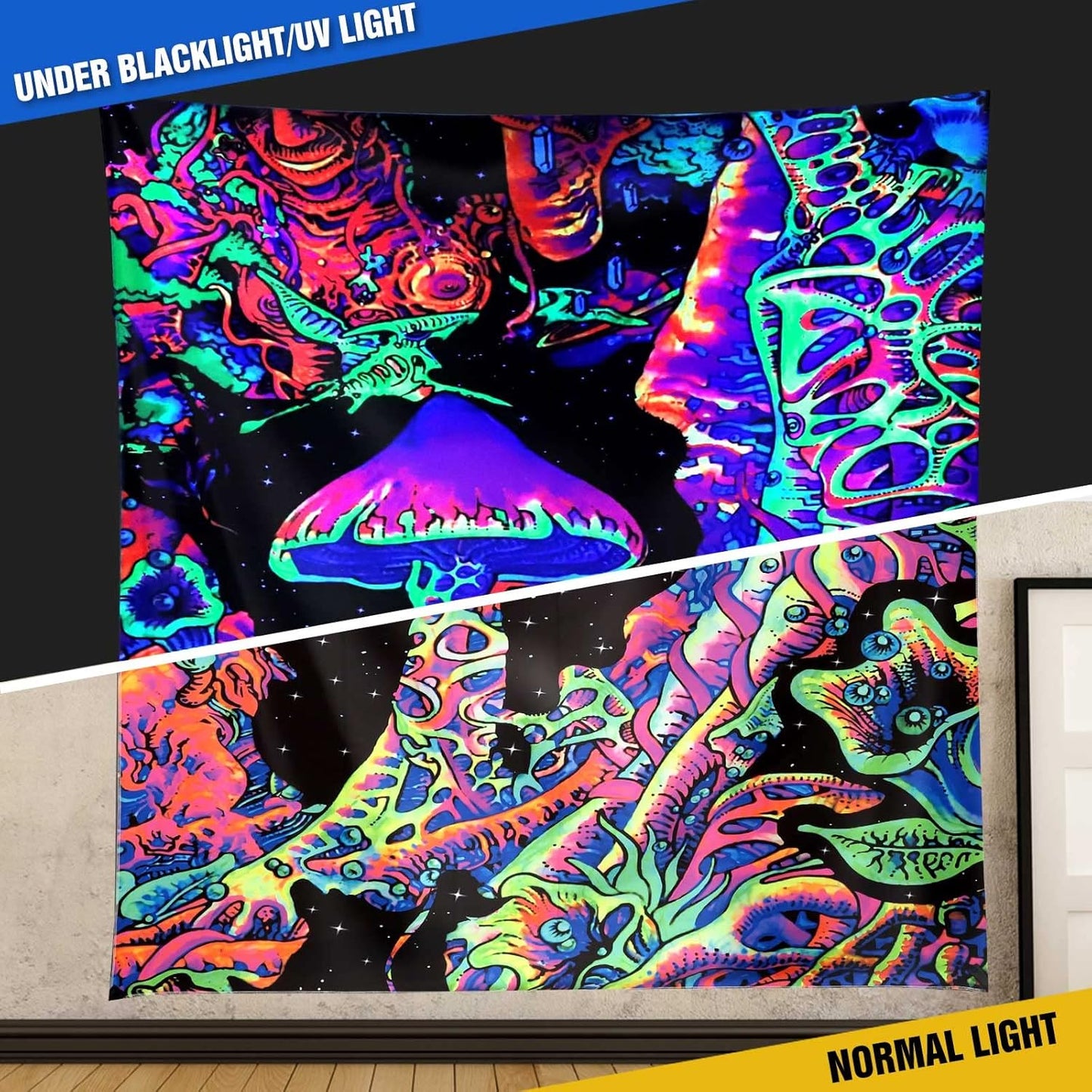 ADDWel Blacklight Mushroom Tapestry, Upright Tapestry Glow In The Dark, UV Reactive Black Light Tapestries Posters Wall Hanging for Backdrop Bedroom Dorm Living Room Decor(60"x80")