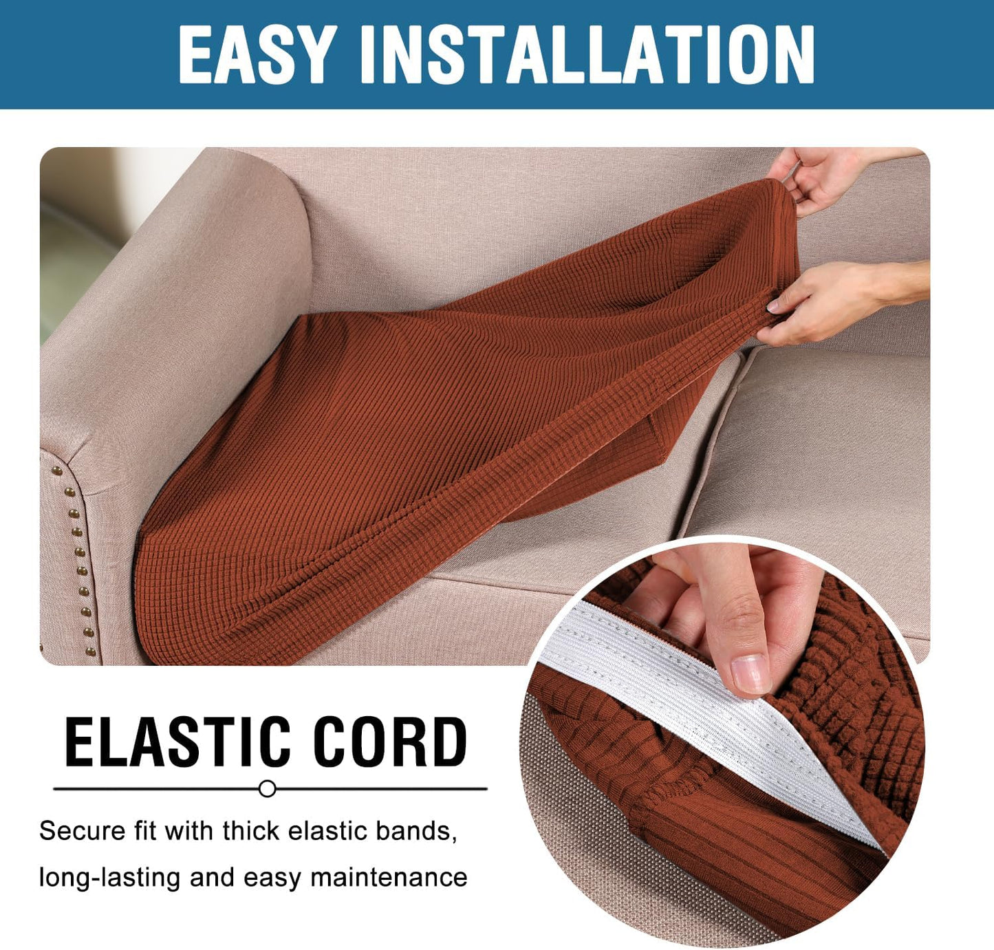 H.VERSAILTEX Super Stretch Individual Seat Cushion Covers - Sofa & Couch Cushion Slipcover Sets - Thick Jacquard Textured Twill Fabric (3 Piece, Rust)