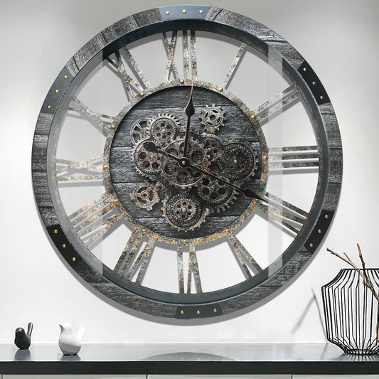 DORBOKER 27" Real Moving Gears Large Wall Clock with Toughened Glass Cover, Giant Wood Farmhouse Clock, Oversized Vintage Industrial Rustic Clock for Living Room Decor Home Kitchen (Carbon Grey)
