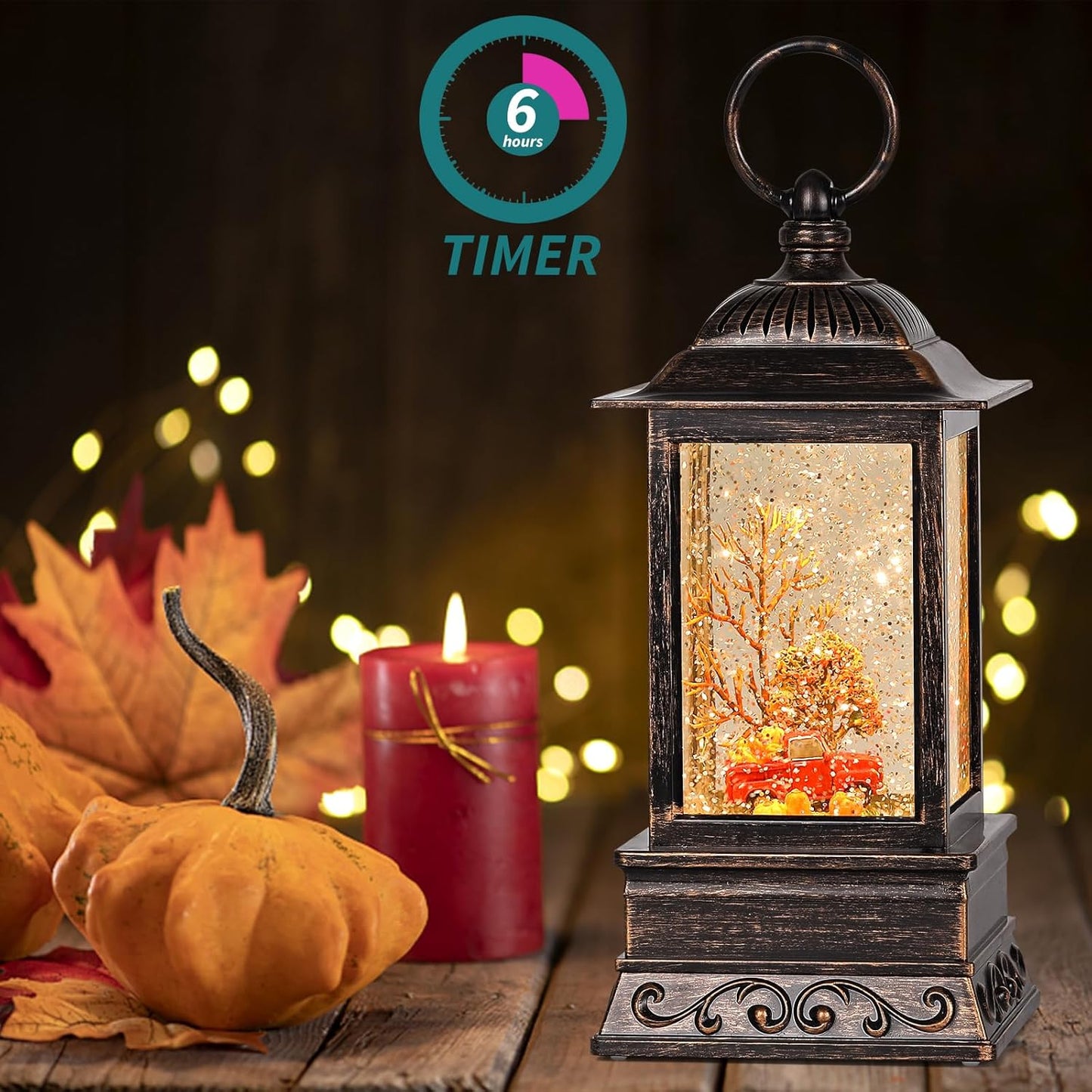 Fall Snow Globe Red Truck Lantern, Glitter Lighted Snow Globes Fall Decorations for Home, Light Up Snowglobe Fall Décor