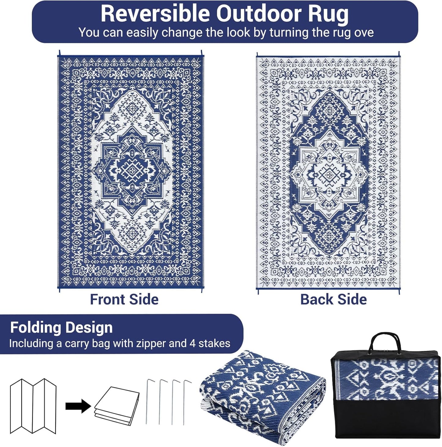 GAOMON Outdoor Rugs for Patio 9x12 Waterproof Reversible Plastic Straw Rug, Large UV-Resistant Portable RV Camping Mats, Indoor Outdoor Medallion Carpet for Deck Porch Garden, Dark Blue & White