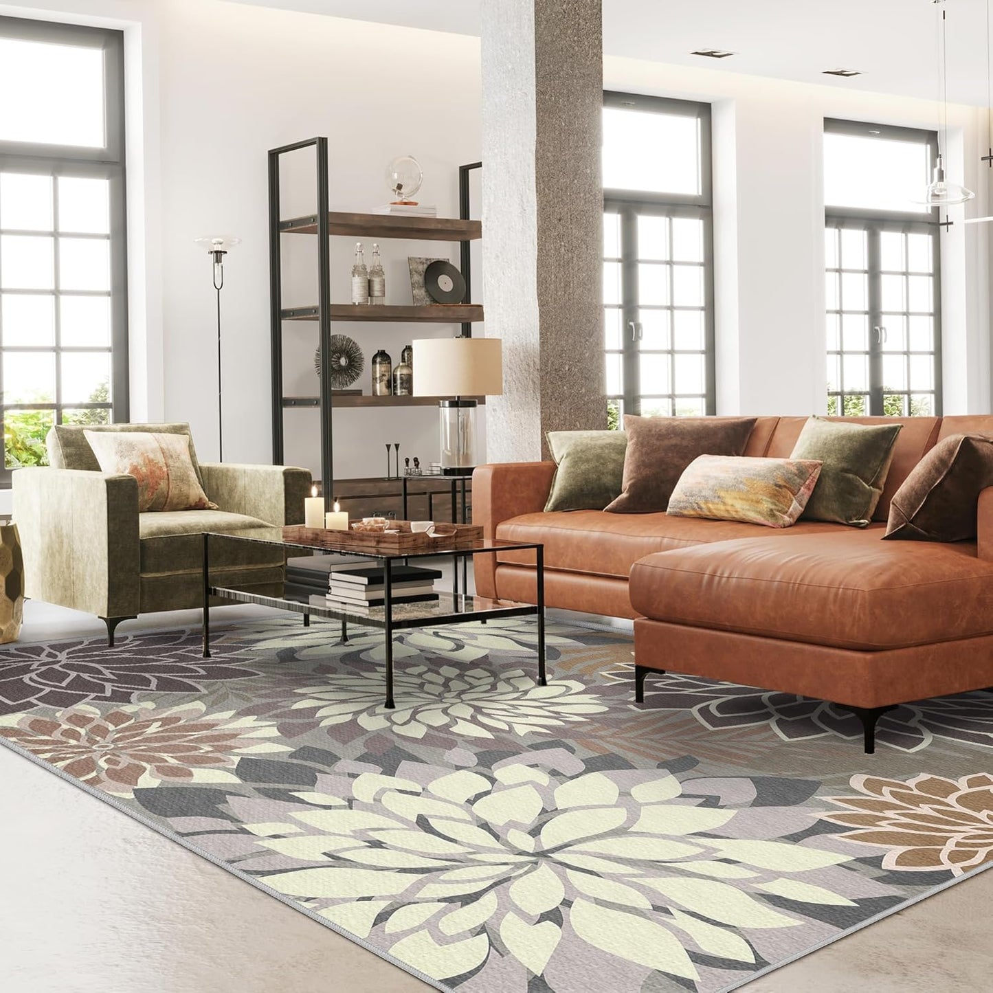 Indoor Outdoor Area Rug Washable Multicolored Patio Rug Tropical Botanical Modern Floral Indoor Outdoor Carpet Brown White Rug Non Slip Non Shedding for Patio, Deck, Backyard, Porch (5x8)
