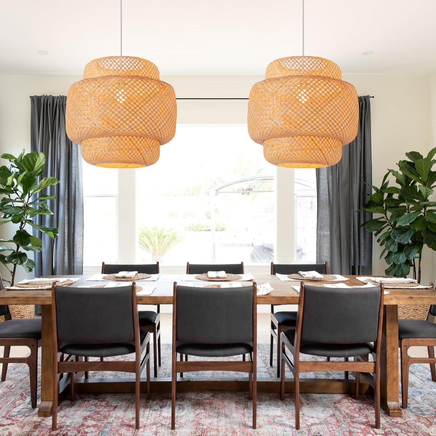 Bamboo Pendant Light,15.75" Hand-Woven Boho Rattan Hanging Lamp,1-Pack Farmhouse Wicker Chandelier for Dining Living Bedroom Kitchen