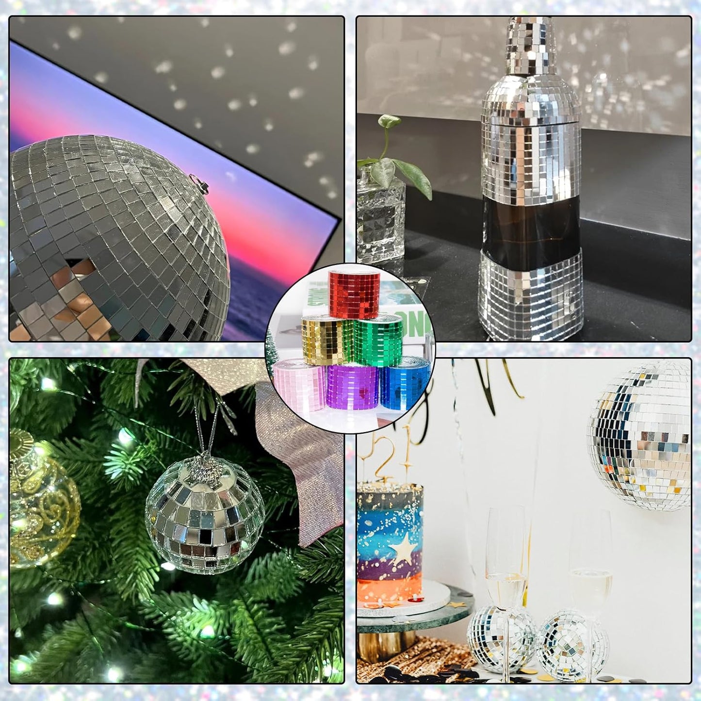 Self Adhesive Disco Ball Tiles, 3200 Pieces Rose Red Mirror Mosaic Tiles, 5 x 5 mm Glass, Modern Contemporary Style, Multi-Surface, Roll, 2 Rolls (Rose Red)
