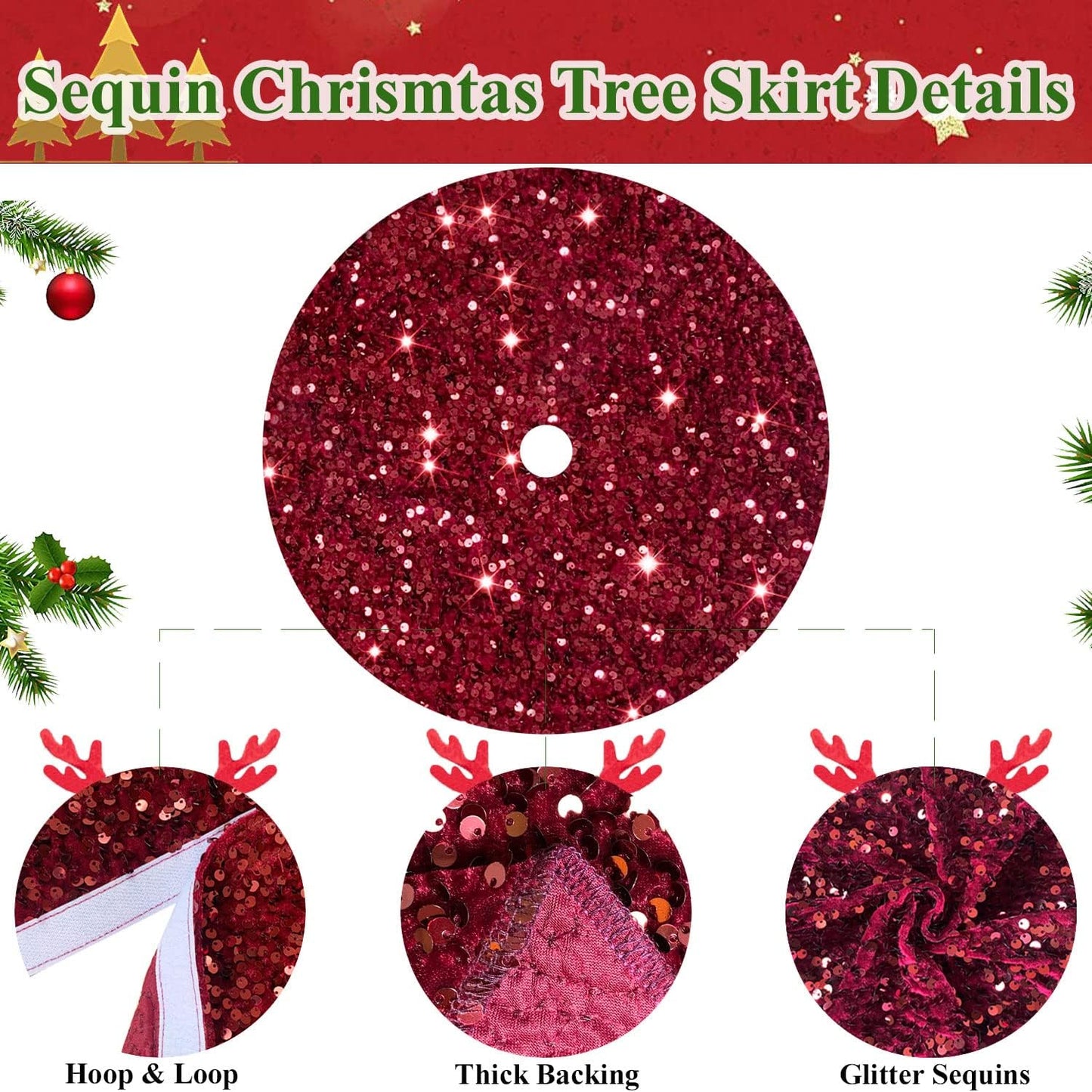 Sequin Tree Skirt 36 Inch Burgundy Christmas Tree Skirt Velvet Fabric Christmas Tree Floor Mat Glitter Tree Skirt Christmas Tree Carpet Wine Red Tree Skirt for Indoor Home Party Decor