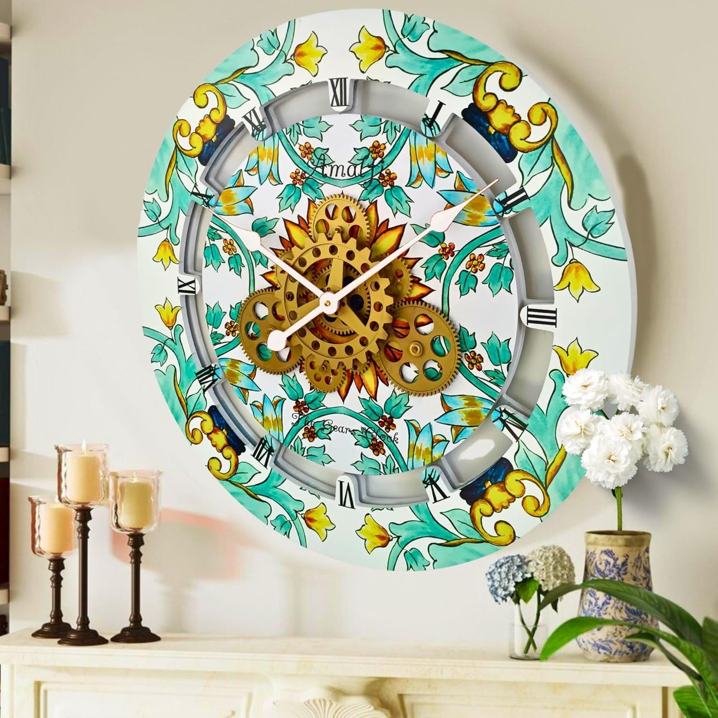 The Gears Clock Wall Clock Italy Collection with Moving Gears (Amalfi, 24 inch Round)