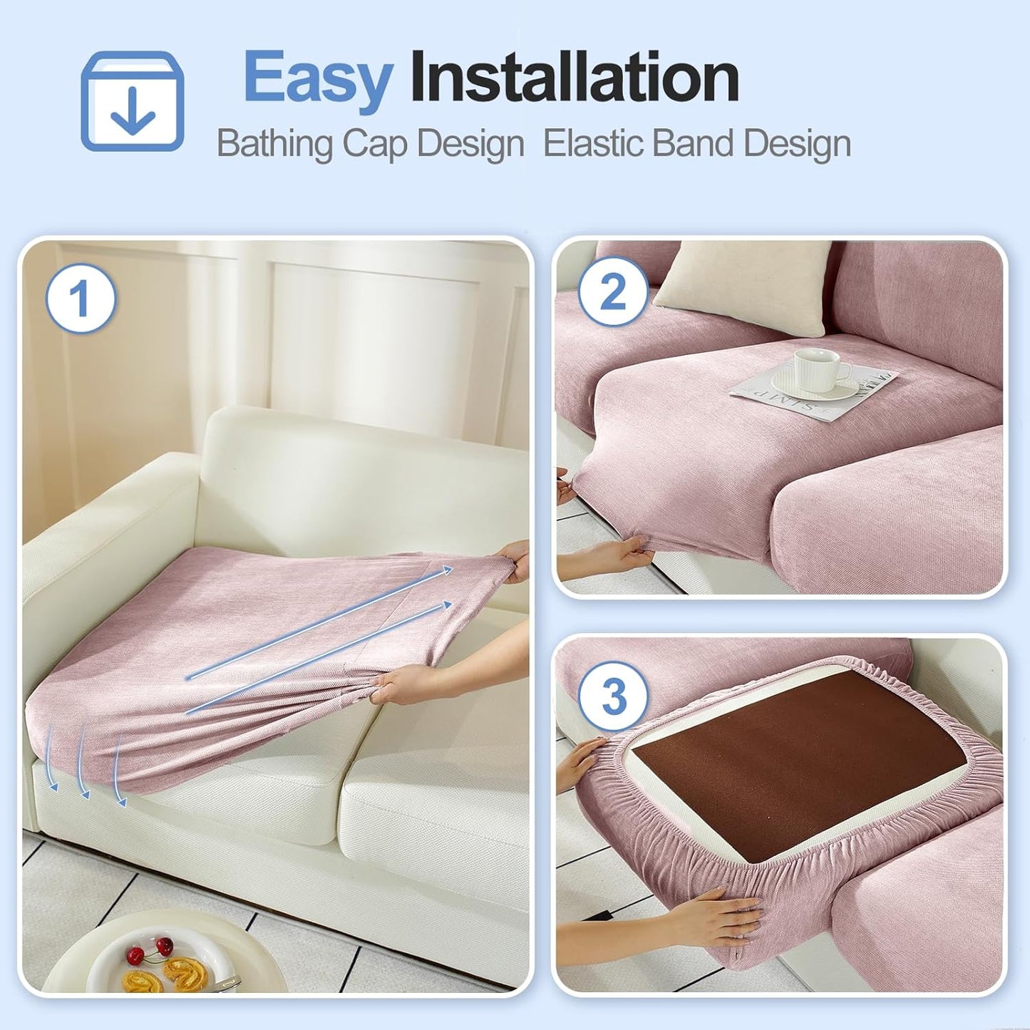 Large Backrest Cushion Covers Super Stretch Backrest Covers for 3 Cushion Couch Sofa, Couch Back Cushion Covers Featuring with Chenille Yarn (Softer Version, 3PC, Pale Pink)