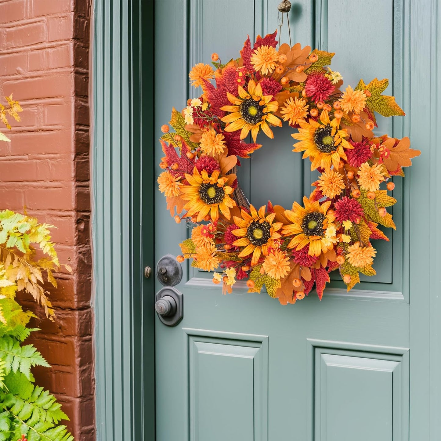 GENMOUS 24 Inch Fall Wreaths for Front Door, with Mini Pumpkin Skewers- Sunflower Wreath, Autumn Fall Decor Maple Leaf Daisy Thanksgiving Halloween Home Party Fall Decoration Indoor Oudoor