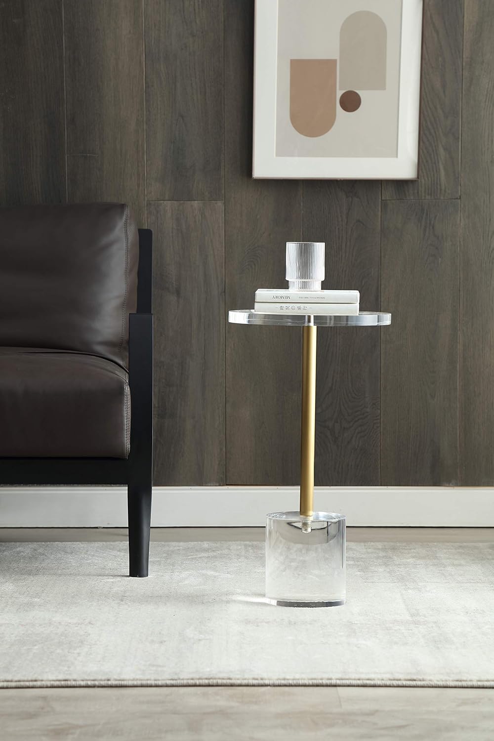 Clear Acrylic End Table,Side Table,Brushed Brass Metal,Round,for Office, Living Room and Bedroom,Easy Assembly,12x12 inch，21.3 inch high