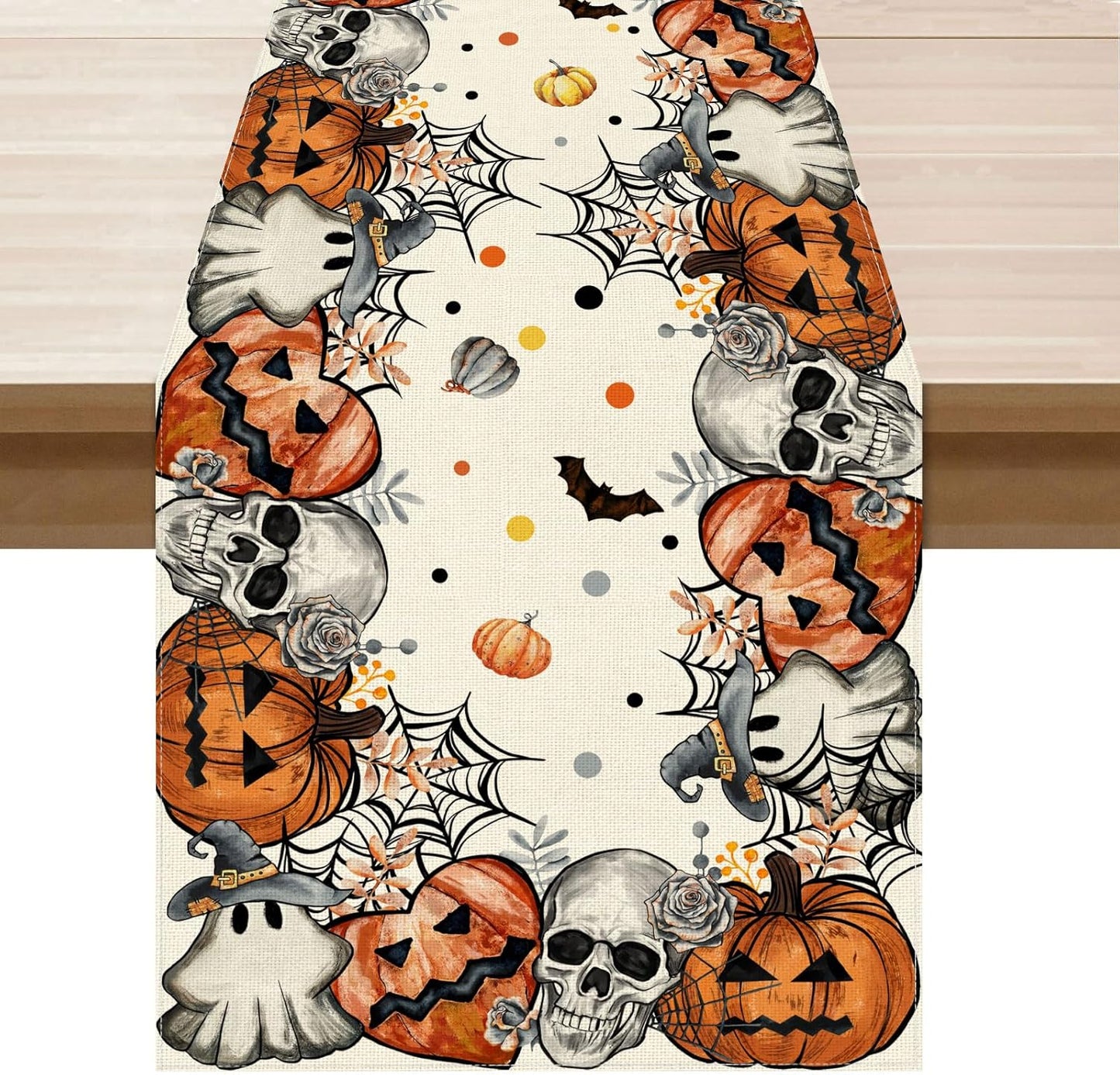XCHI Spooky Skeleton Ghost Pumpkin Halloween Table Runner Party Table Decoration for Home Kitchen Dining Holiday Decor 13x120 Inch