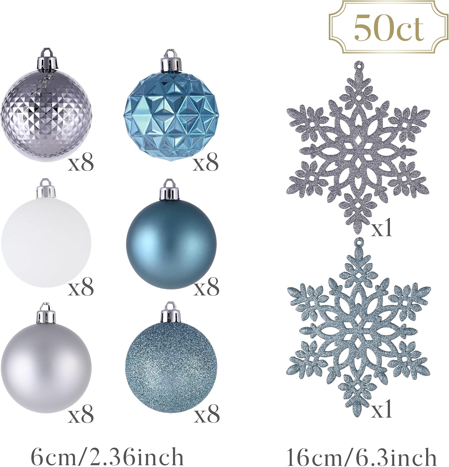 Valery Madelyn Christmas Tree Decorations Ornament Set for Fall Halloween, 50ct 2.36 Inches Light Blue Silver Shatterproof Christmas Ball Ornaments Hanging Xmas Holiday Party Decor