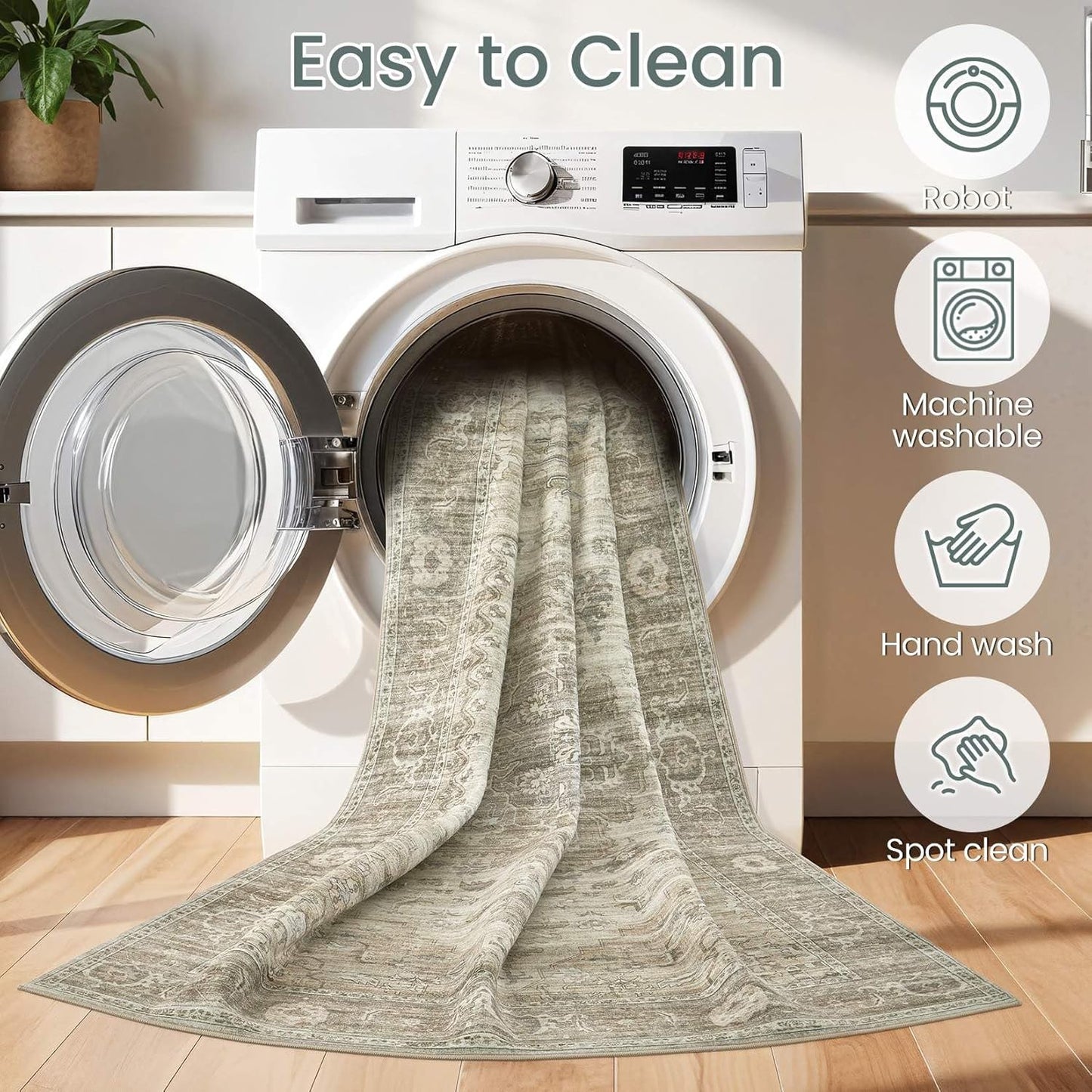 Washable Area Rugs for Living Room - 5x7 Neutral Vintage Distressed Floral Farmhouse Boho Large Soft Floor Rug Indoor Non Slip Carpet for Living Room Bedroom Dining Room Office - Brown/Tan