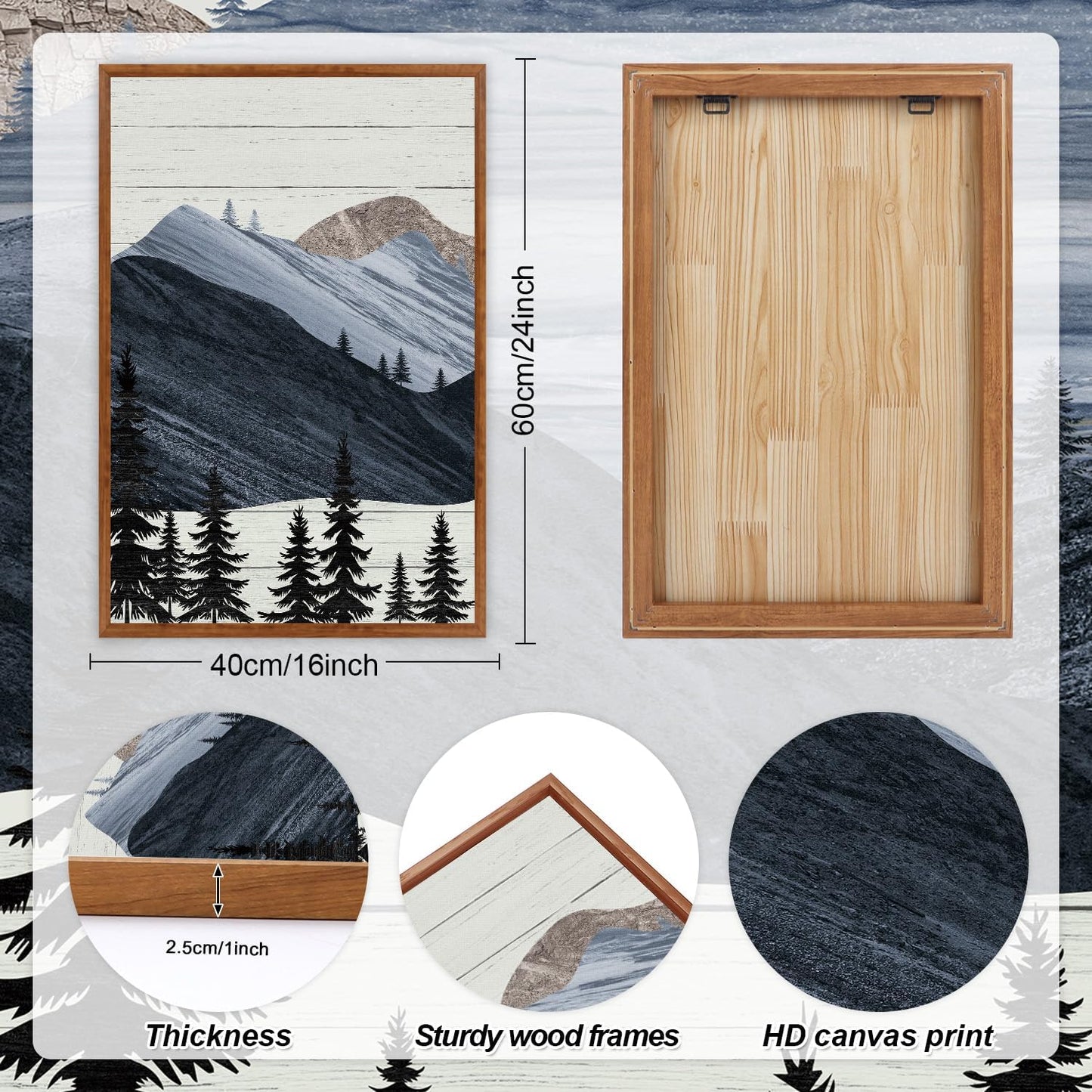 KAIRNE Mountain Canvas Wall Art,Abstract Landscape Wall Decor Set of 3(16”X24”),Sunrise Pine Forest Nature Prints,Wilderness Scenery Pictures for Living Room Bedroom Farmhouse Office Decor,Framed