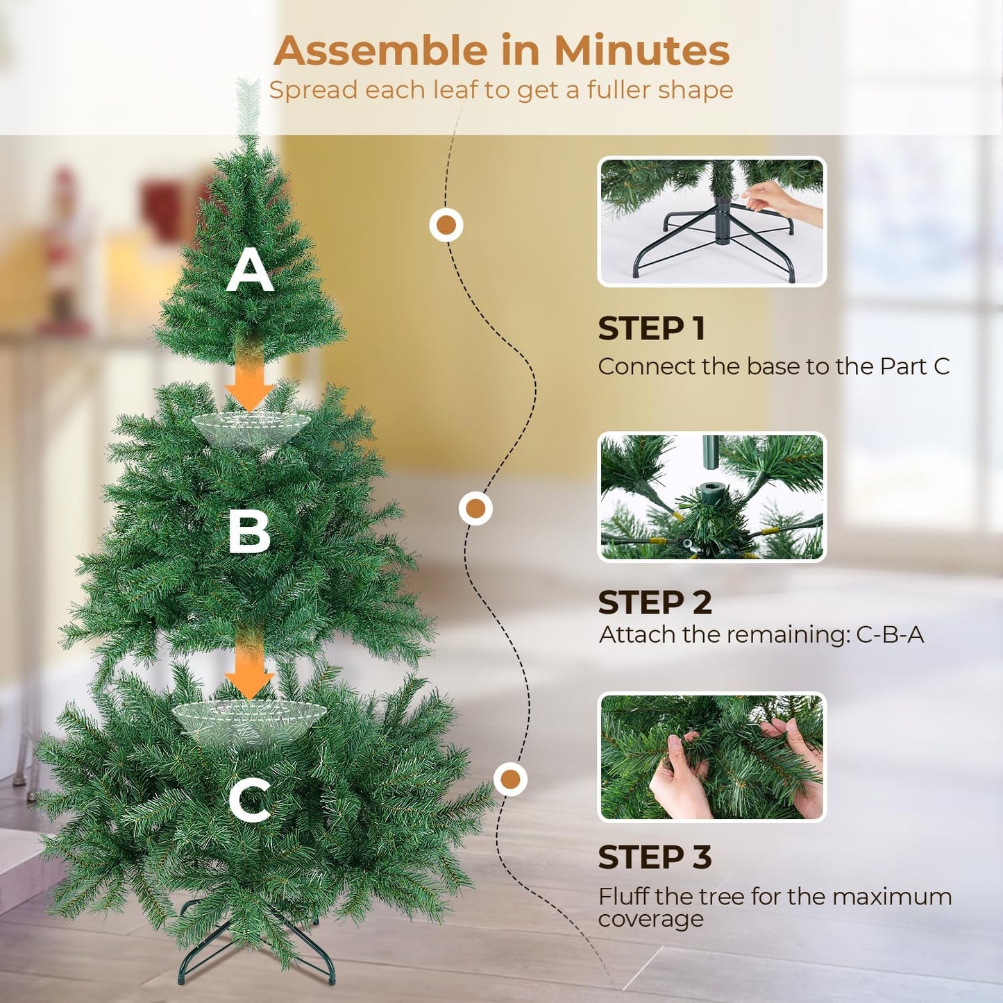 7.5 ft Artificial Christmas Tree with 1300 Branch Tips, Holiday Xmas Tree with Foldable Base and Easy Assembly, Outdoor Christmas Trees for Yard Porch Home Office Party Decoration, Green