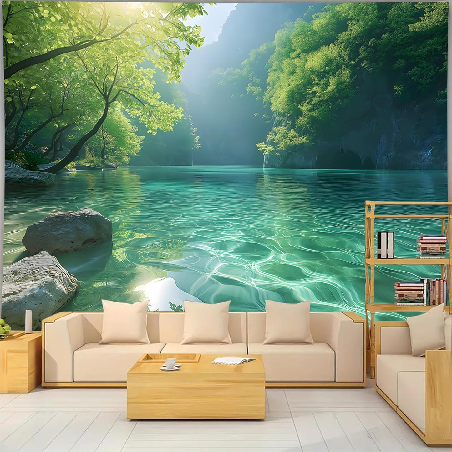 BSFHH Nature Tapestry Forest Tree Sea Cave Wall Hanging, Stream Through Rainforest Landscape Wall Art Tapestry for Bedroom Living room (Lake View, 59" × 51", Unframed)