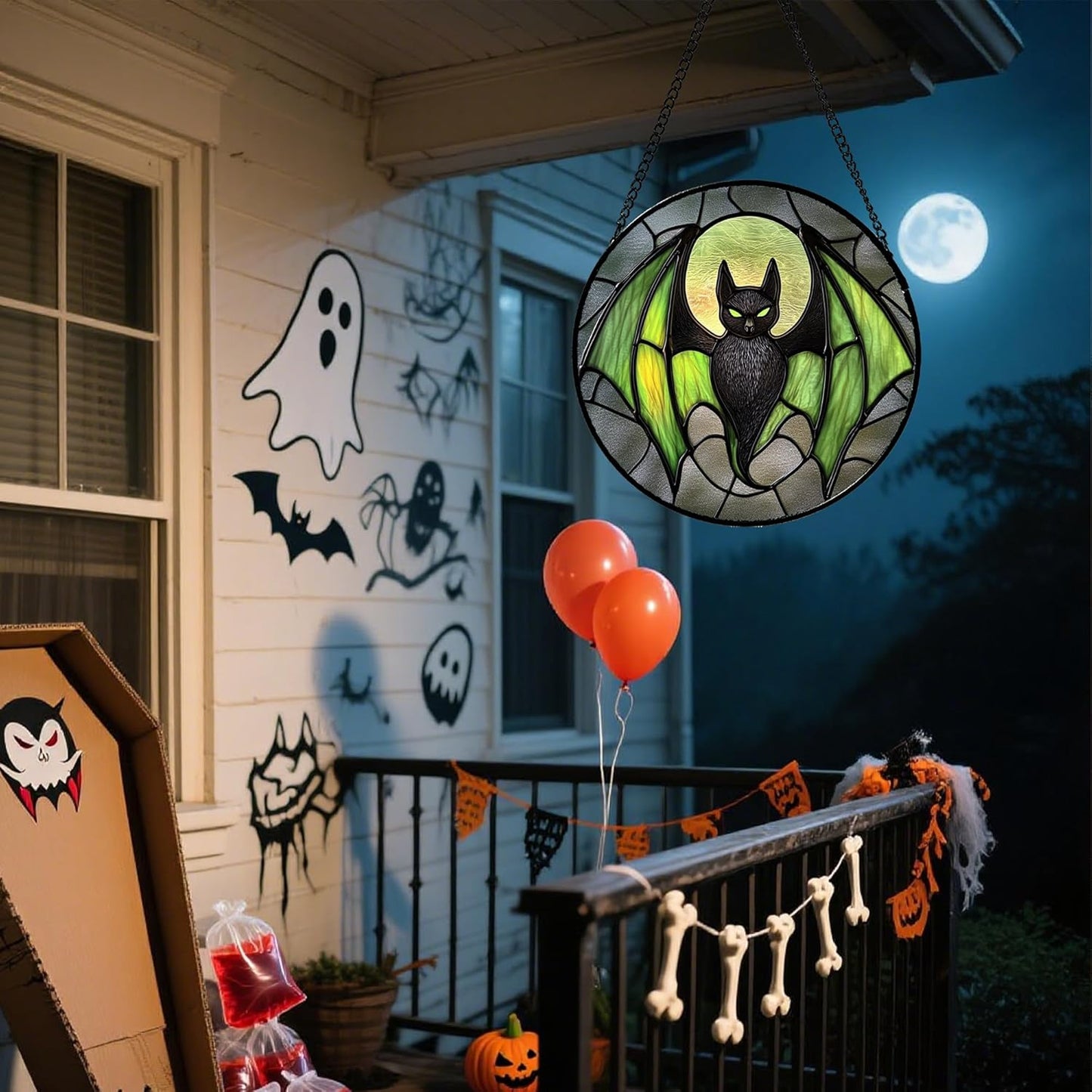 Stained Glass Window Hanging - Halloween Black Bat Green Wings Monster Suncatcher for Doors Garden Home Spooky Sun Catchers Gothic Decor Horror Gift for Women Men Friend Boy Girl 9.8 in