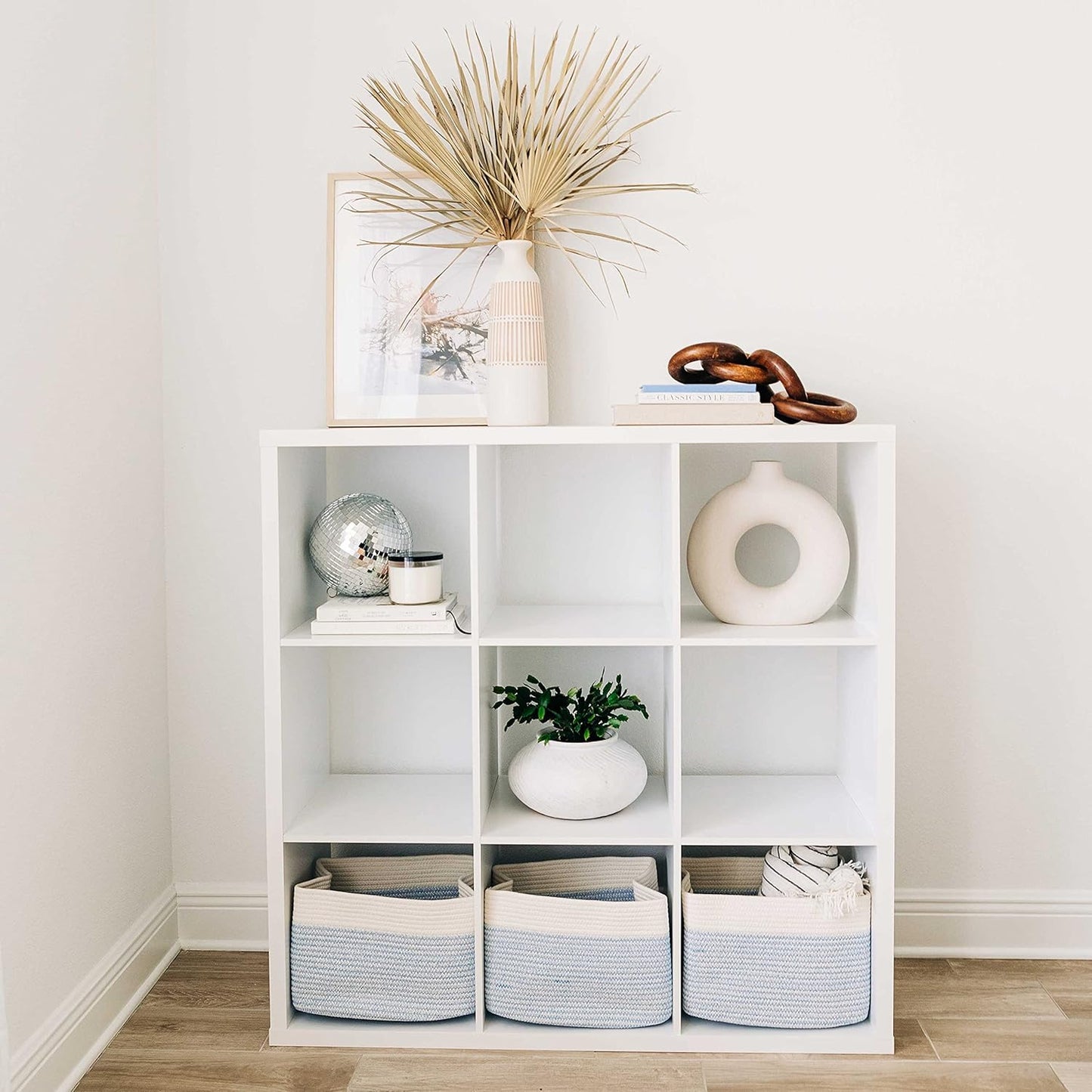 OrganiHaus Set of 3 Woven Storage Baskets for Organizing, Cotton Rope Organizer Bins for Shelves, Closet & Nursery, Dog Toy Basket, Decorative Bins for Toys, Towels & Books - 15x10x9, Blue/Off-White