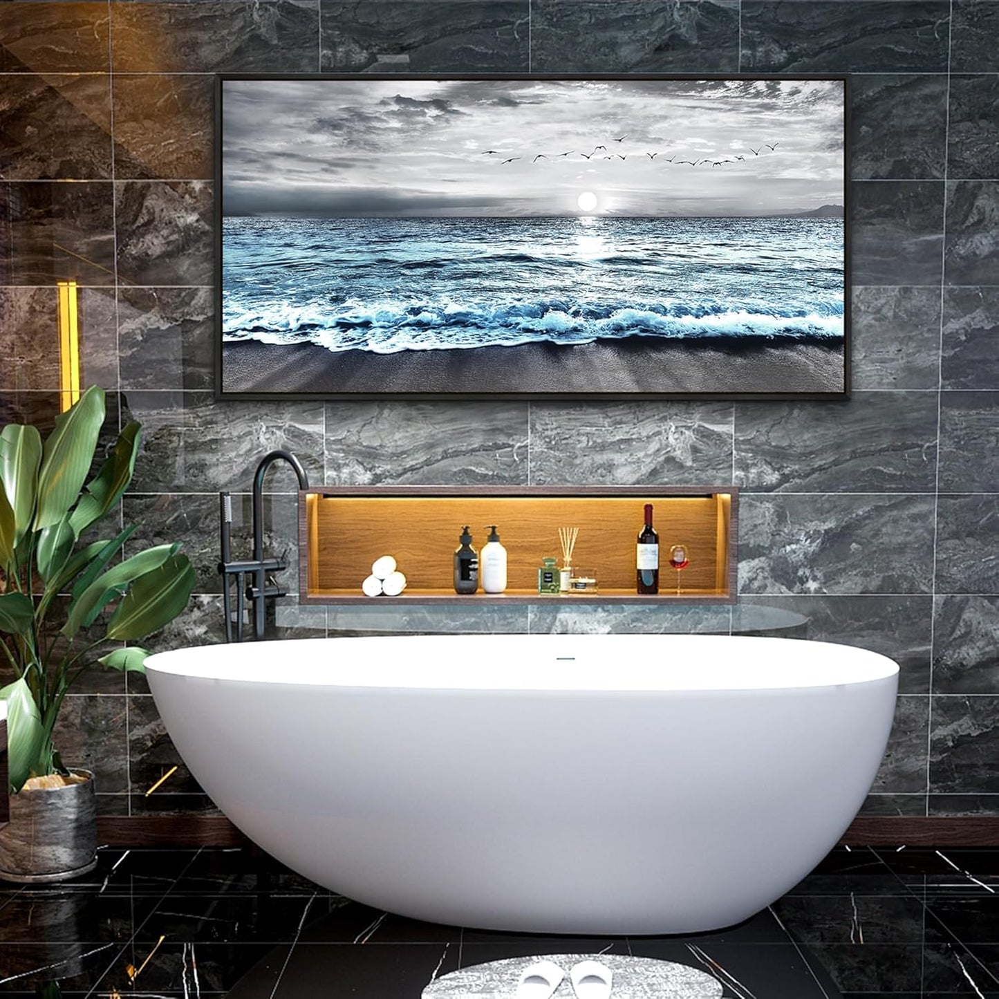 Wapluam Large Black Framed Wall Art For Living Room Wall Decorations For Bedroom Office Wall Decor Black And White Wall Painting Blue Sea Wave Pictures Artwork For Modern Beach Canvas Prints Poster