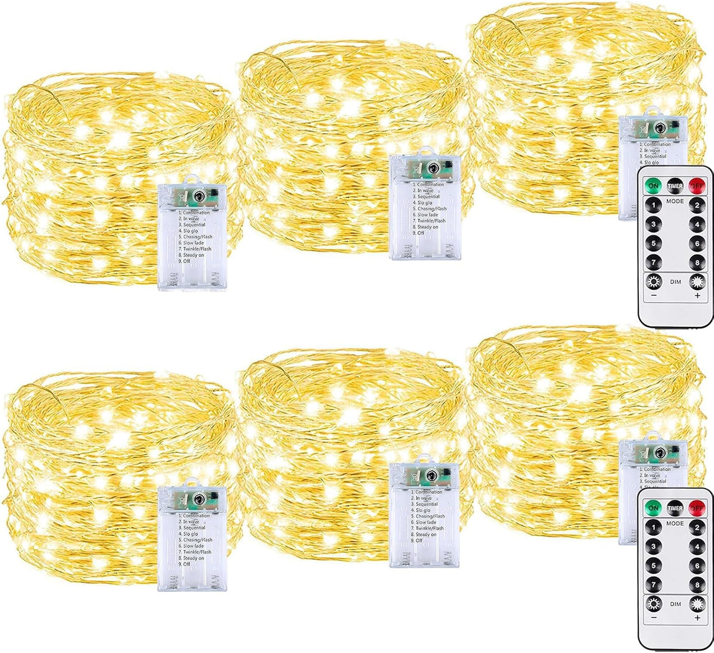 6 Pack 60LED Battery Operated Fairy Lights with Remote, 8 Modes LED String Lights with Timer, Dimmable, Memory Function, Waterproof Twinkle Fairy Lights for Outdoor Indoor Christmas Decor(Warm White)