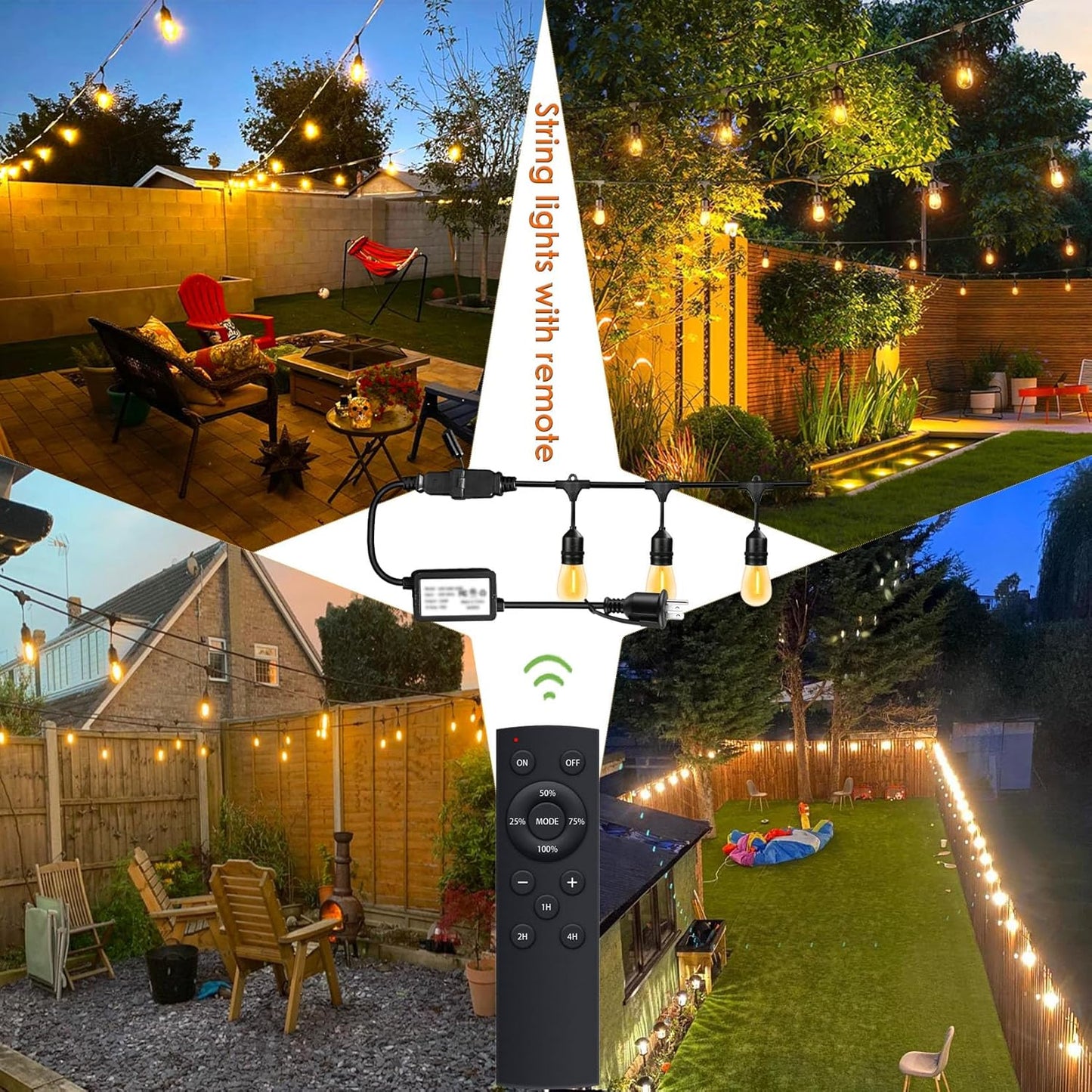 190FT Remote Controlled Outdoor String Lights Patio String Lights for Outside, 60+3 Shatterproof S14 Warm Lights String Outdoor for Bistro Café Gazebo Backyard, Linkable, 2 Pack