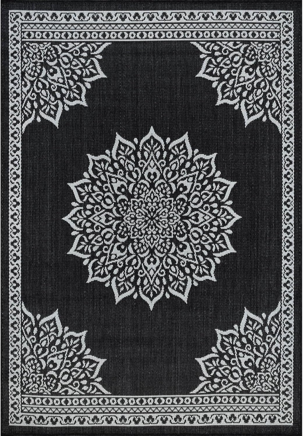 CAMILSON Outdoor Rug, 6x9 Medallion Black White Modern Area Rugs for Indoor and Outdoor Patios, Kitchen and Hallway Mats, Washable Porch Deck Outside Carpet (Medallion Black, 6 x 9)